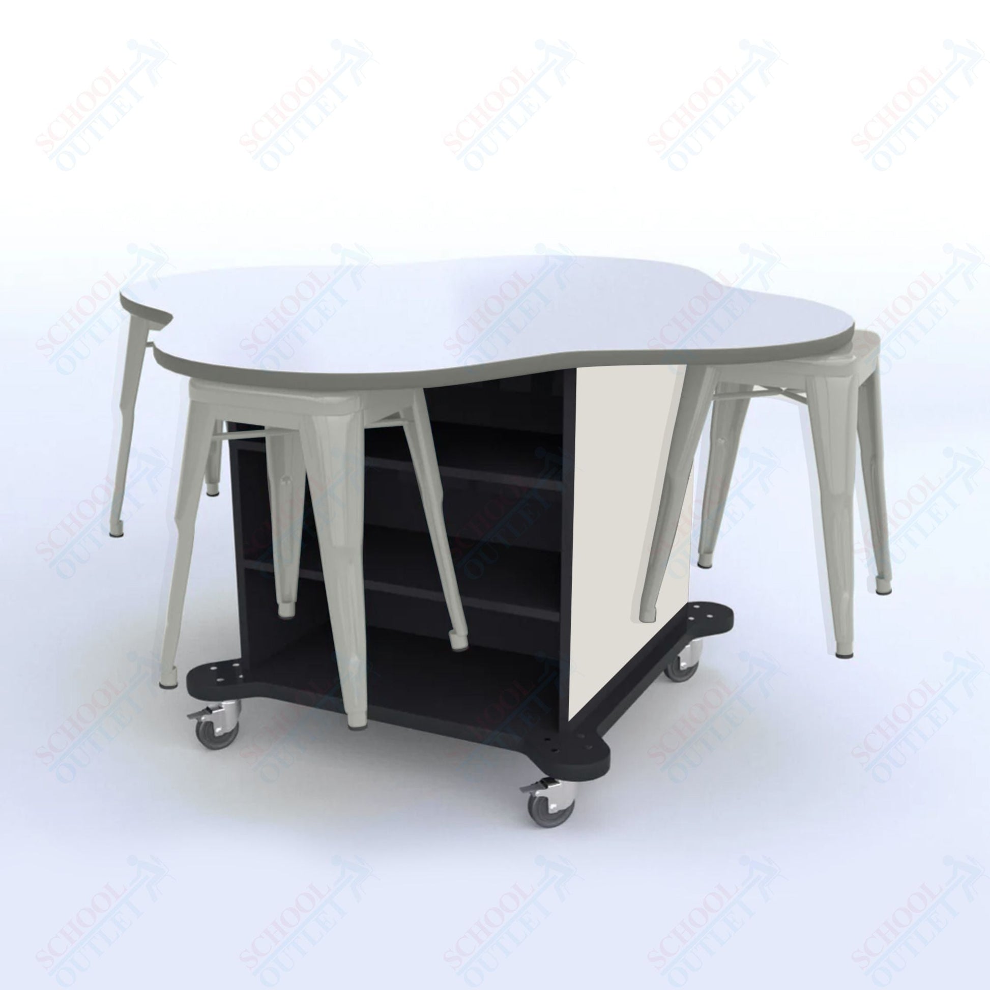 CEF Creation Cube Double - Sided Storage Table - 30"H, White Dry Erase Clover Top, High - Pressure Laminate Base and 4 Metal Stools Included - SchoolOutlet