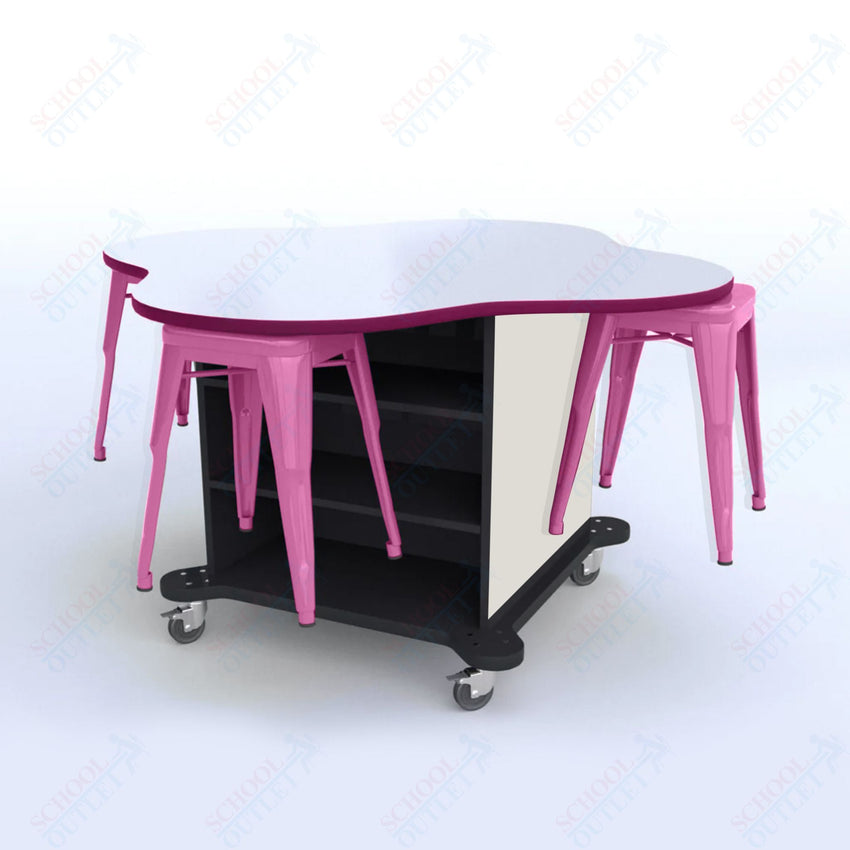 CEF Creation Cube Double - Sided Storage Table - 30"H, White Dry Erase Clover Top, High - Pressure Laminate Base and 4 Metal Stools Included - SchoolOutlet