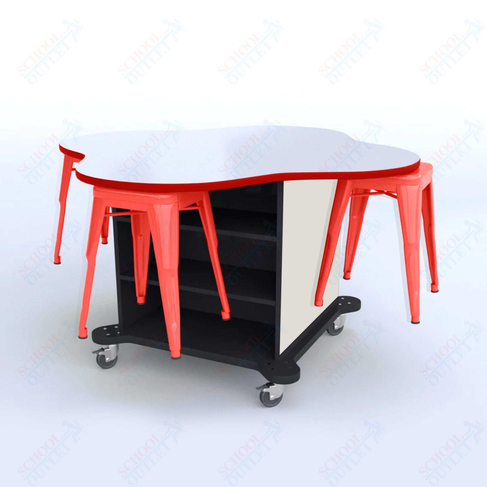 CEF Creation Cube Double - Sided Storage Table - 30"H, White Dry Erase Clover Top, High - Pressure Laminate Base and 4 Metal Stools Included - SchoolOutlet