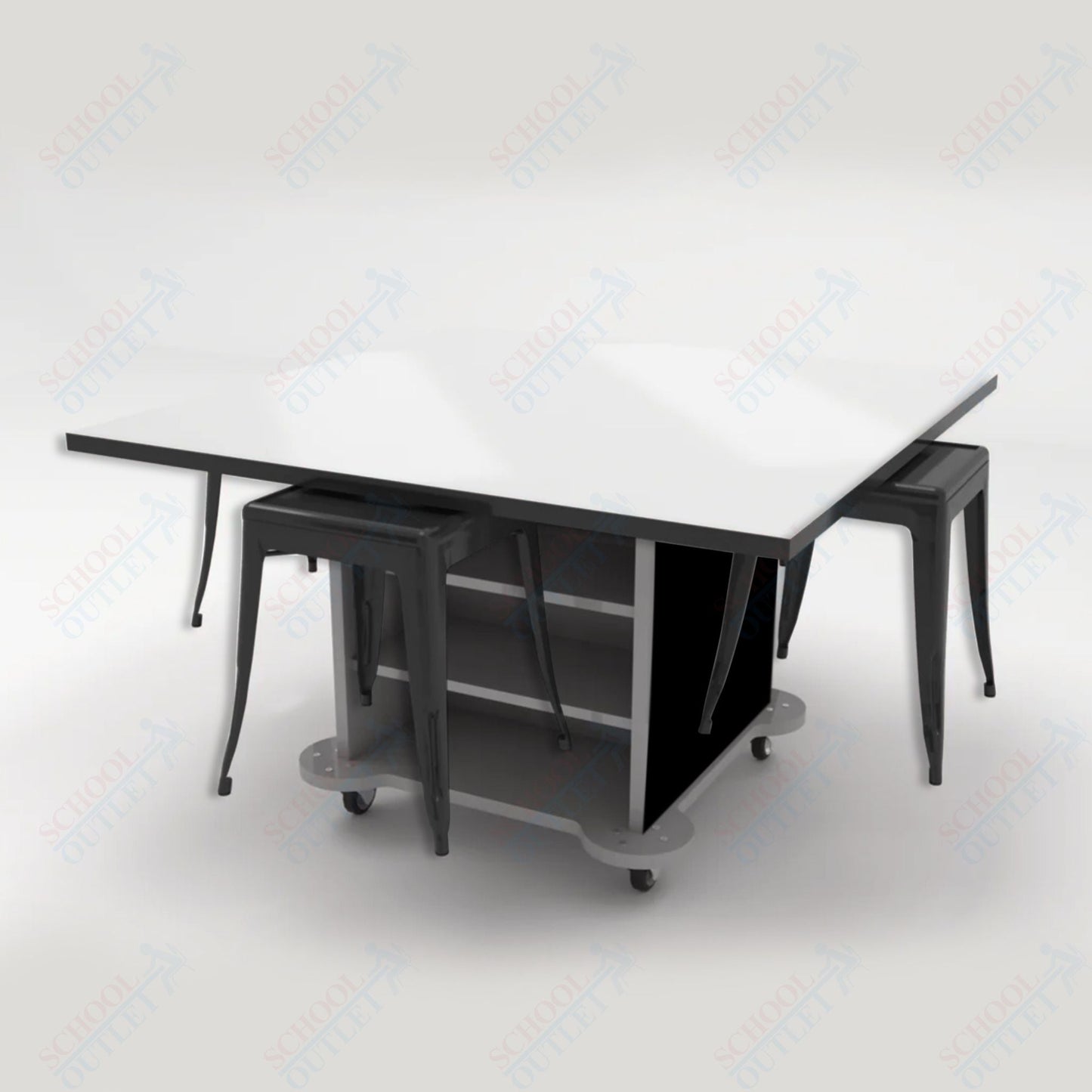 CEF Creation Cube Double - Sided Storage Table - 30"H, White Dry Erase Square Top, High - Pressure Laminate Base and 4 Metal Stools Included - SchoolOutlet
