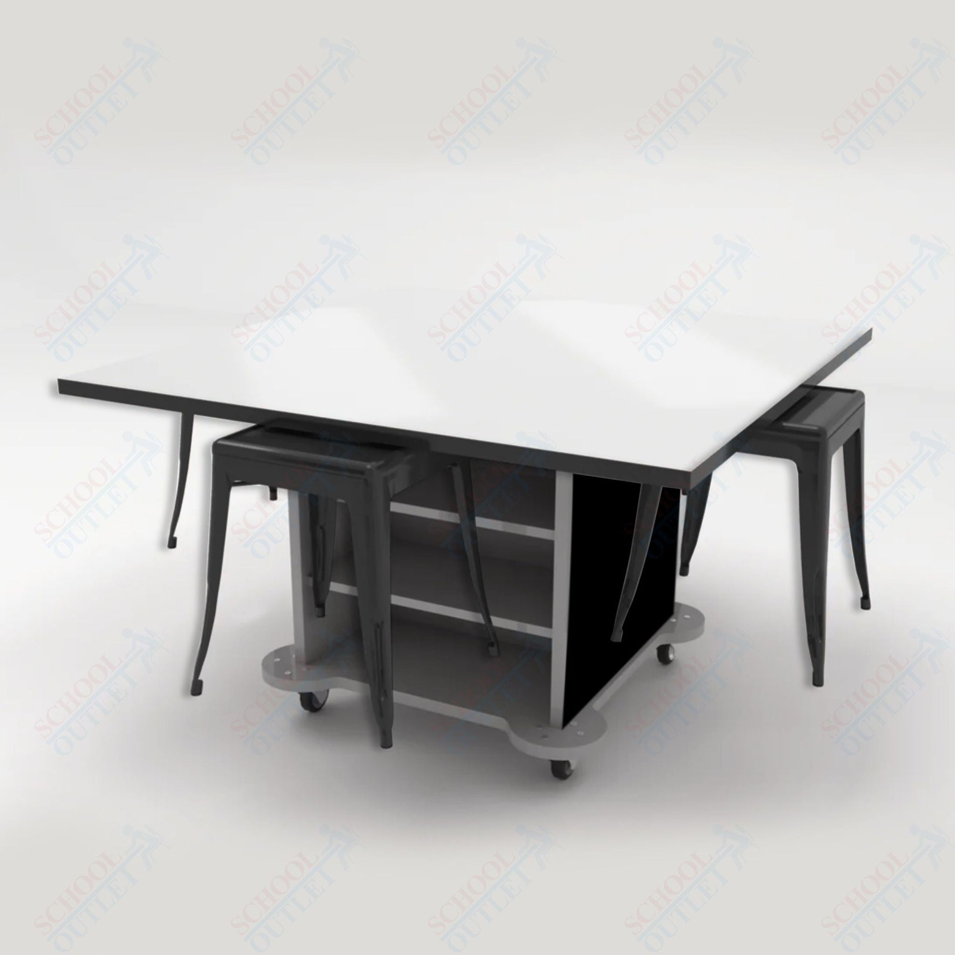 CEF Creation Cube Double - Sided Storage Table - 30"H, White Dry Erase Square Top, High - Pressure Laminate Base and 4 Metal Stools Included - SchoolOutlet