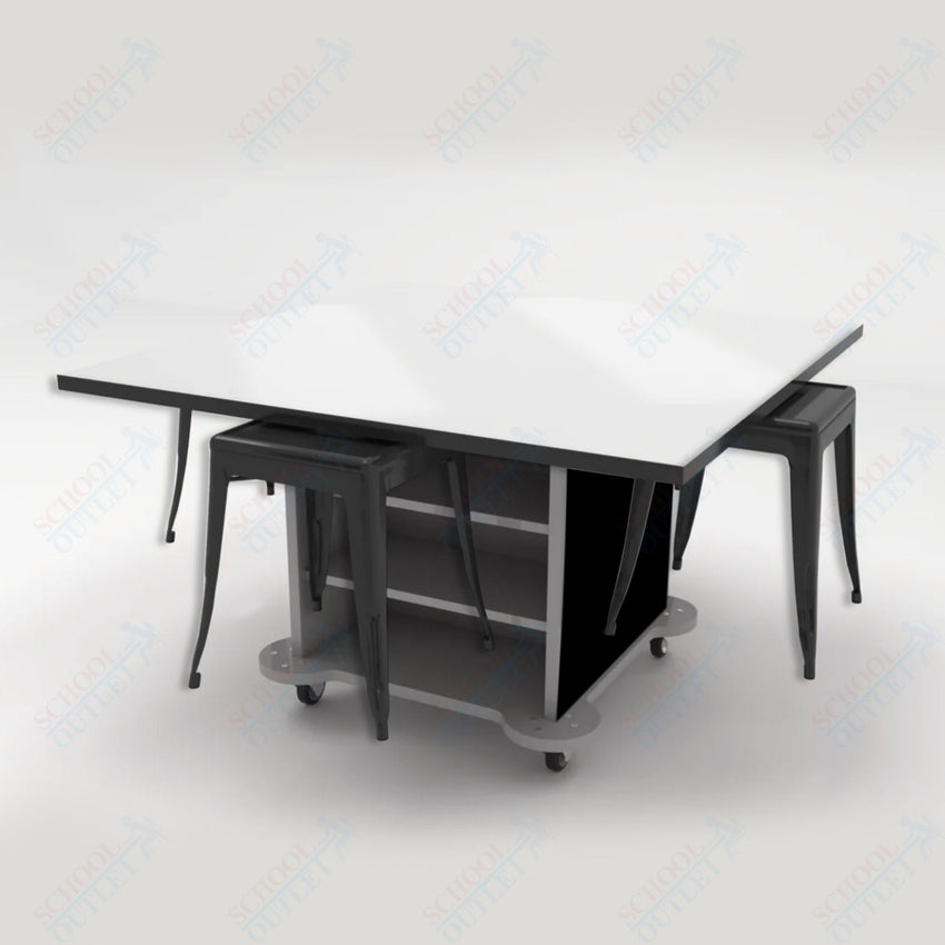 CEF Creation Cube Double - Sided Storage Table - 30"H, White Dry Erase Square Top, High - Pressure Laminate Base and 4 Metal Stools Included - SchoolOutlet