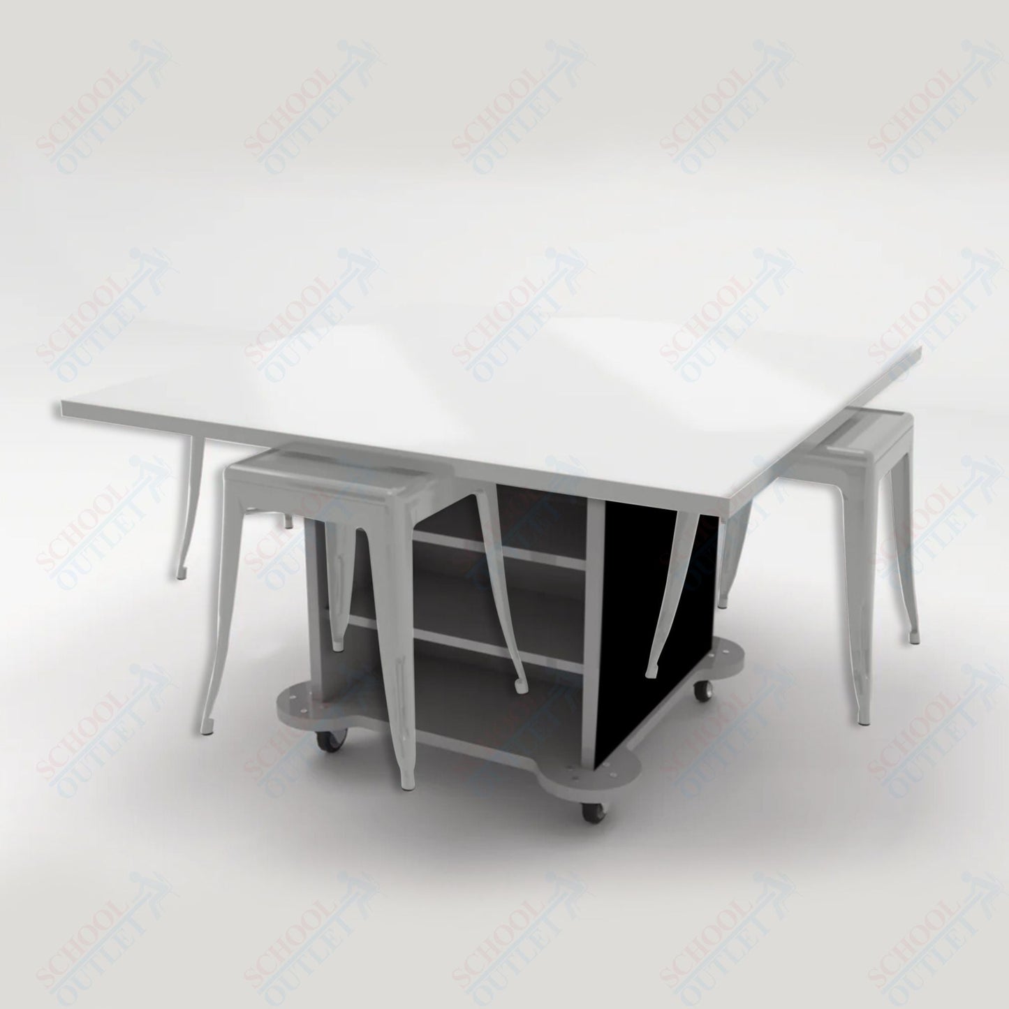 CEF Creation Cube Double - Sided Storage Table - 30"H, White Dry Erase Square Top, High - Pressure Laminate Base and 4 Metal Stools Included - SchoolOutlet