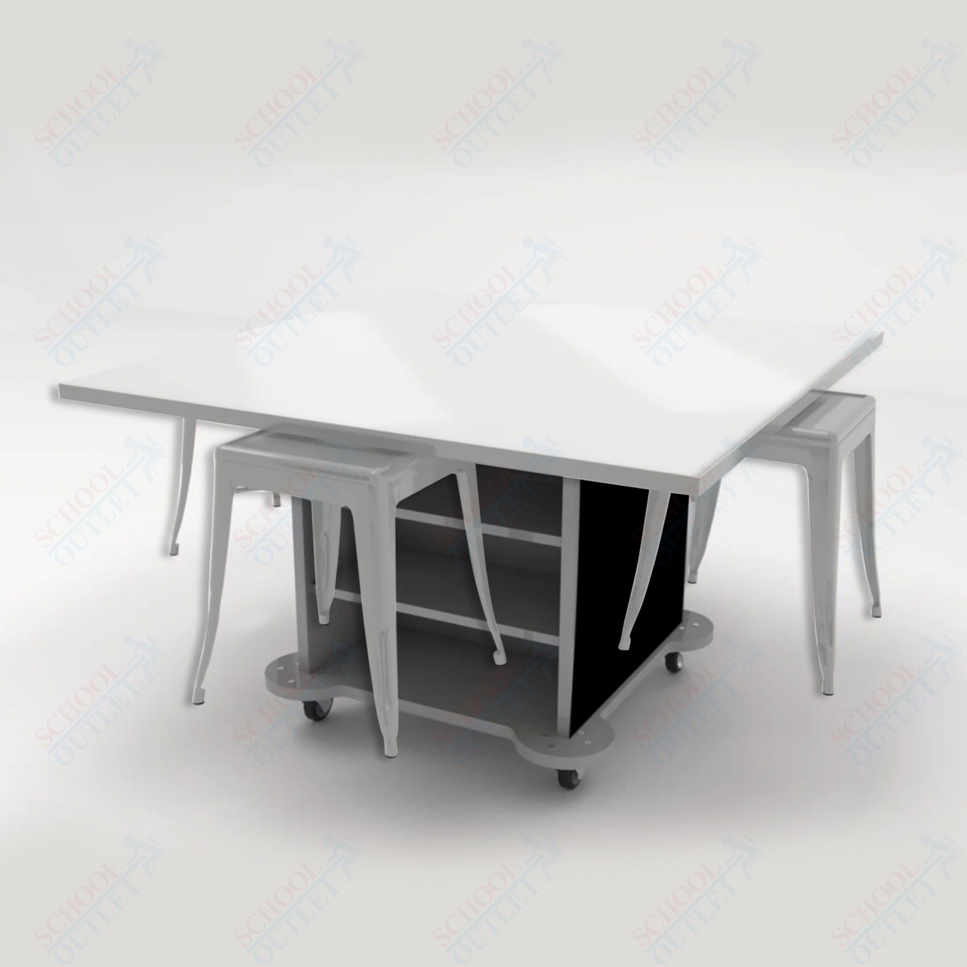 CEF Creation Cube Double - Sided Storage Table - 30"H, White Dry Erase Square Top, High - Pressure Laminate Base and 4 Metal Stools Included - SchoolOutlet