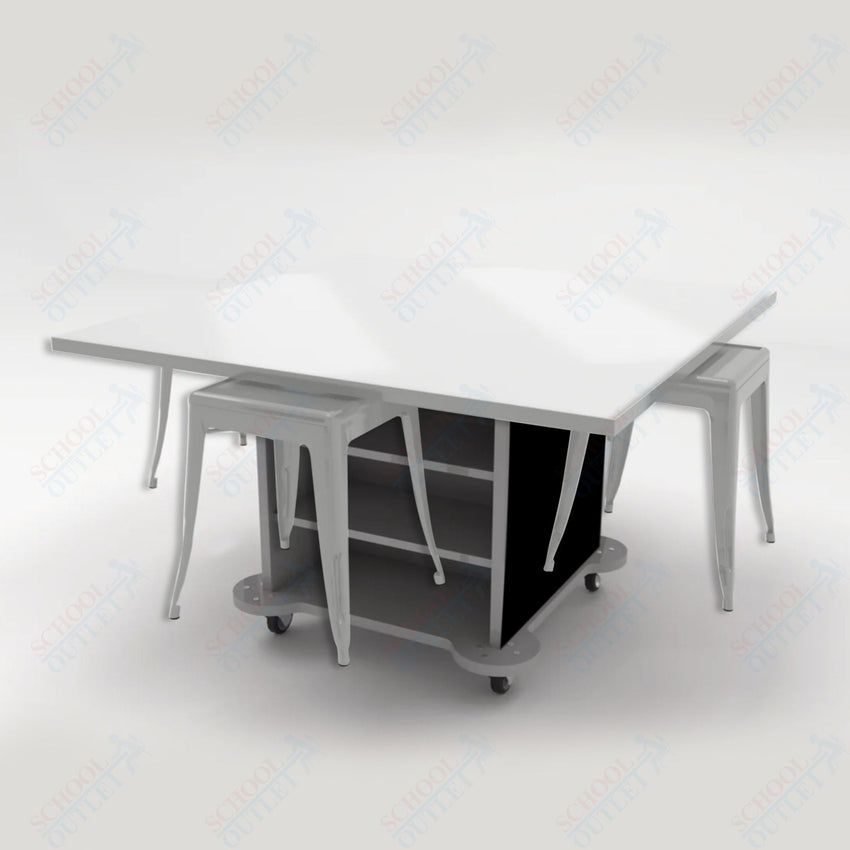 CEF Creation Cube Double - Sided Storage Table - 30"H, White Dry Erase Square Top, High - Pressure Laminate Base and 4 Metal Stools Included - SchoolOutlet