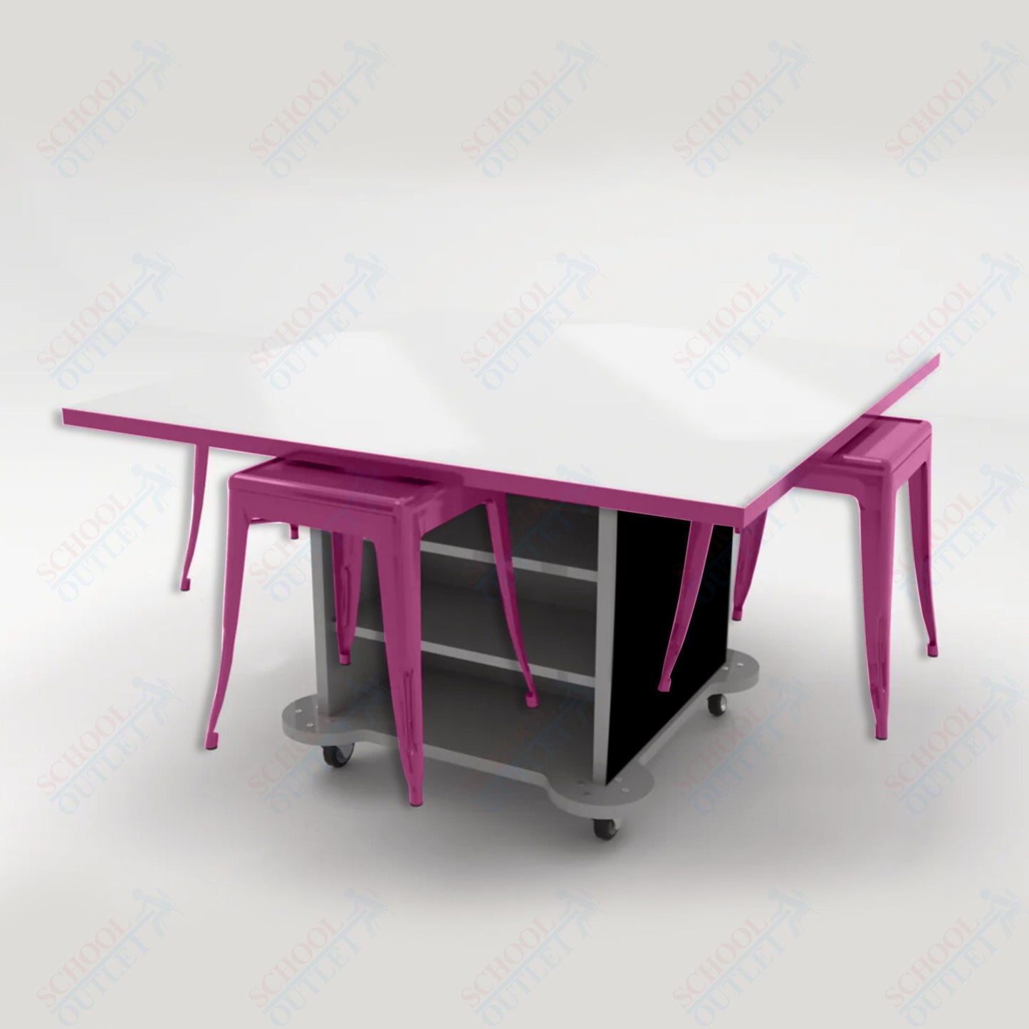 CEF Creation Cube Double - Sided Storage Table - 30"H, White Dry Erase Square Top, High - Pressure Laminate Base and 4 Metal Stools Included - SchoolOutlet