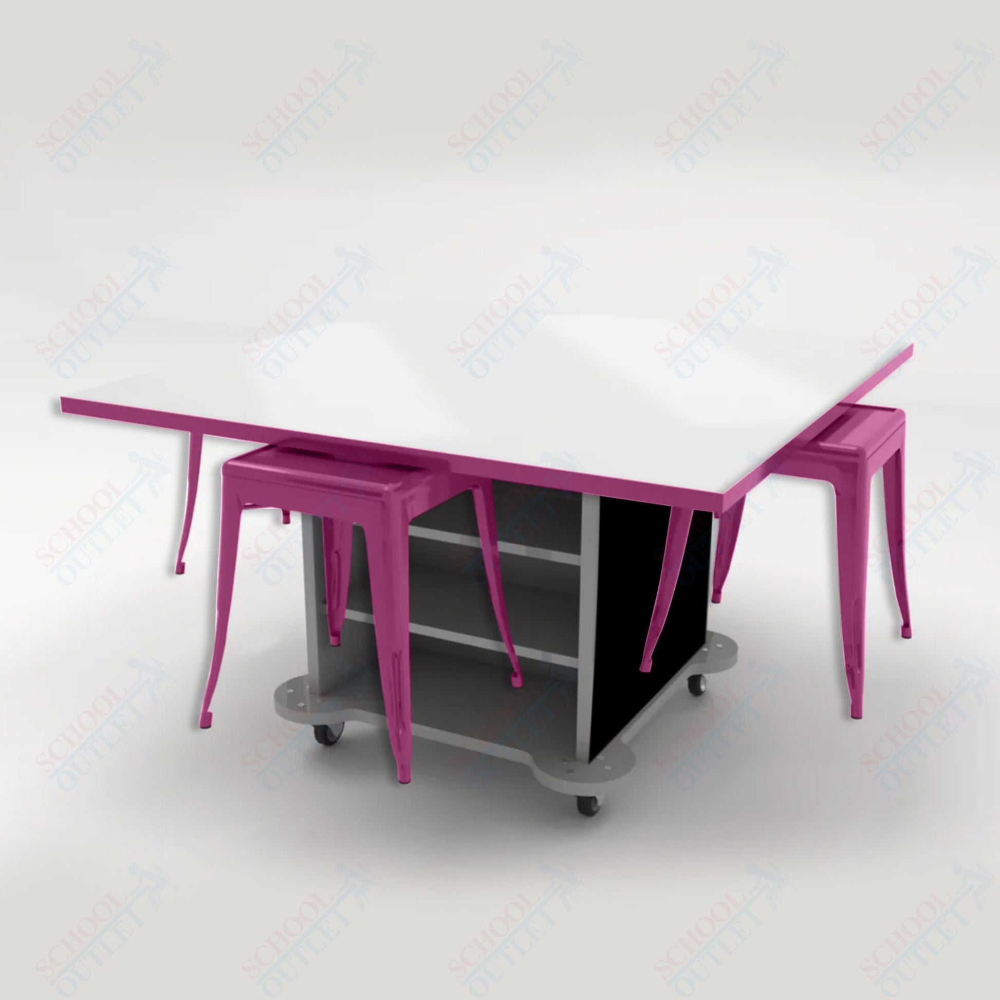 CEF Creation Cube Double - Sided Storage Table - 30"H, White Dry Erase Square Top, High - Pressure Laminate Base and 4 Metal Stools Included - SchoolOutlet