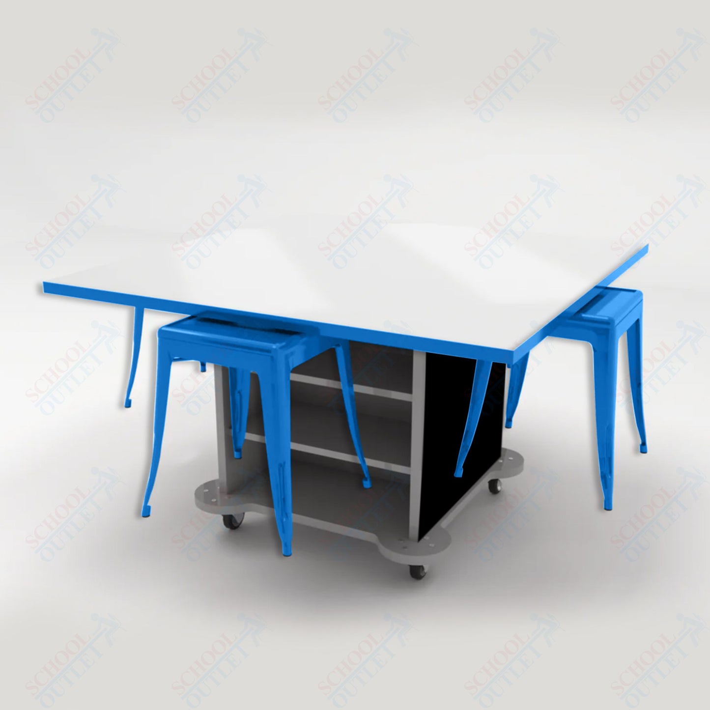 CEF Creation Cube Double - Sided Storage Table - 30"H, White Dry Erase Square Top, High - Pressure Laminate Base and 4 Metal Stools Included - SchoolOutlet