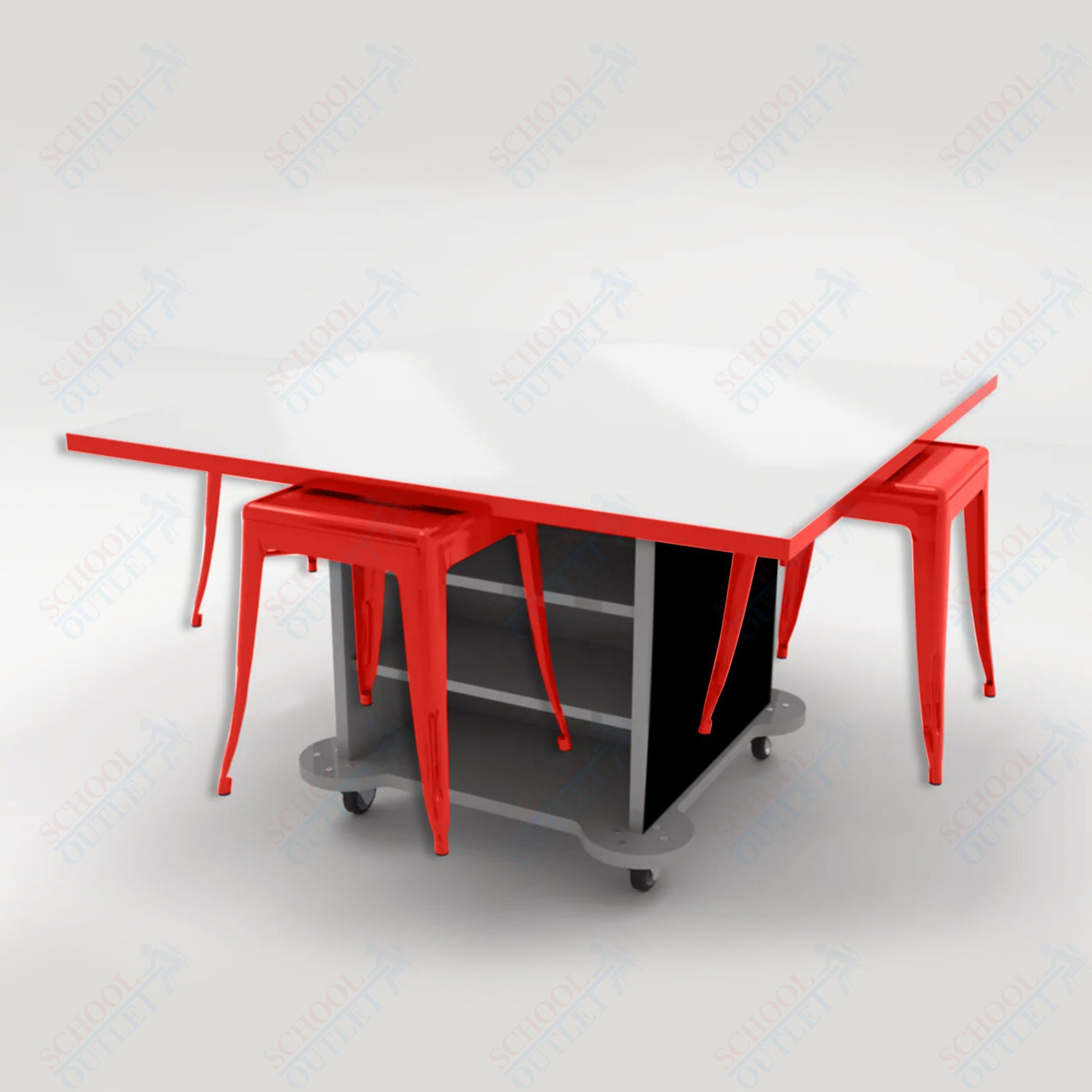 CEF Creation Cube Double - Sided Storage Table - 30"H, White Dry Erase Square Top, High - Pressure Laminate Base and 4 Metal Stools Included - SchoolOutlet