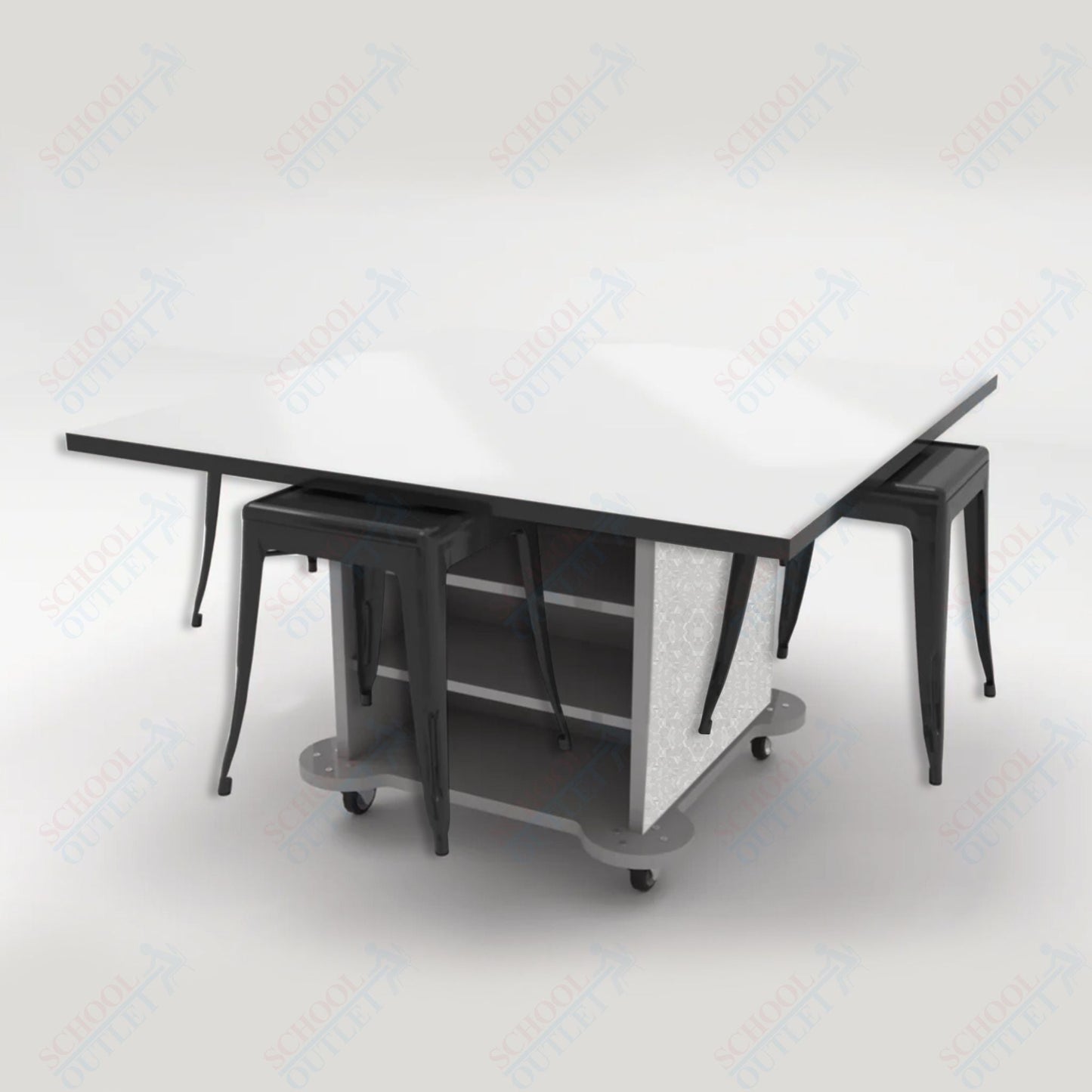 CEF Creation Cube Double - Sided Storage Table - 30"H, White Dry Erase Square Top, High - Pressure Laminate Base and 4 Metal Stools Included - SchoolOutlet