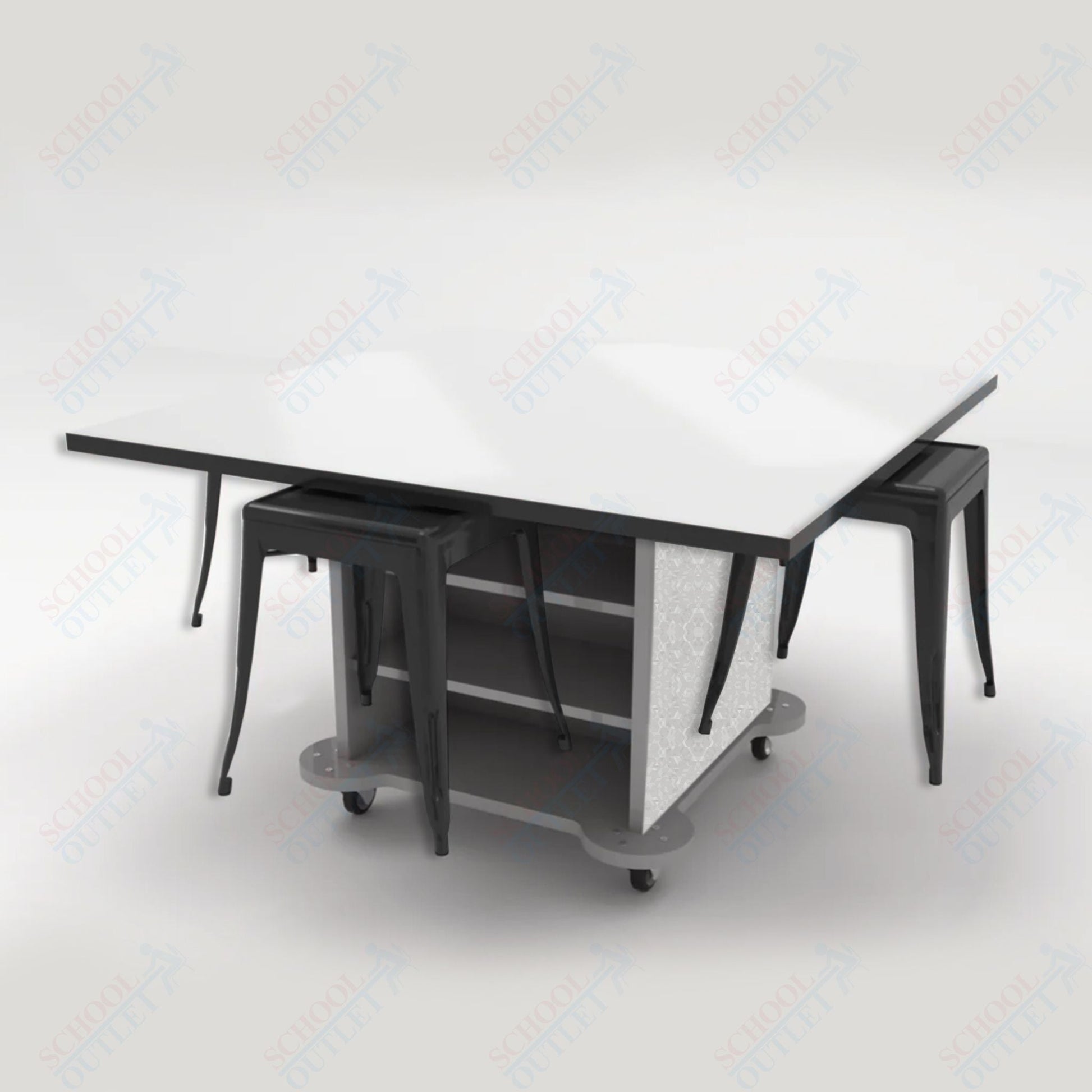 CEF Creation Cube Double - Sided Storage Table - 30"H, White Dry Erase Square Top, High - Pressure Laminate Base and 4 Metal Stools Included - SchoolOutlet