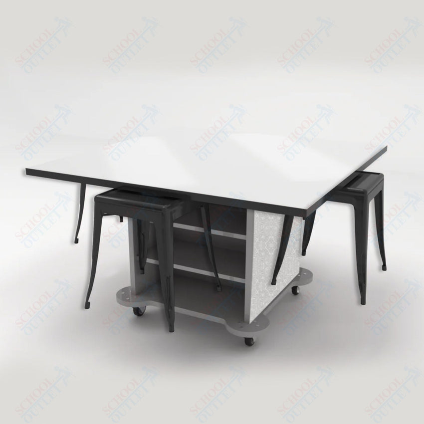 CEF Creation Cube Double - Sided Storage Table - 30"H, White Dry Erase Square Top, High - Pressure Laminate Base and 4 Metal Stools Included - SchoolOutlet