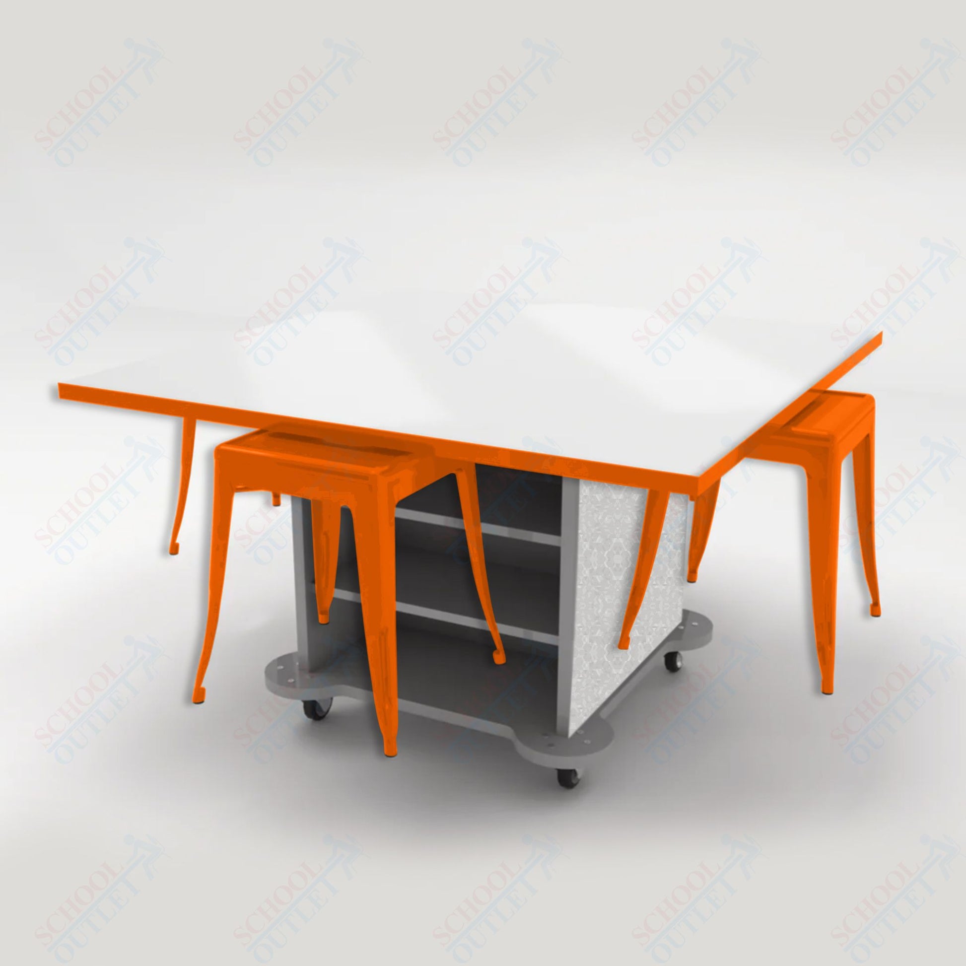 CEF Creation Cube Double - Sided Storage Table - 30"H, White Dry Erase Square Top, High - Pressure Laminate Base and 4 Metal Stools Included - SchoolOutlet
