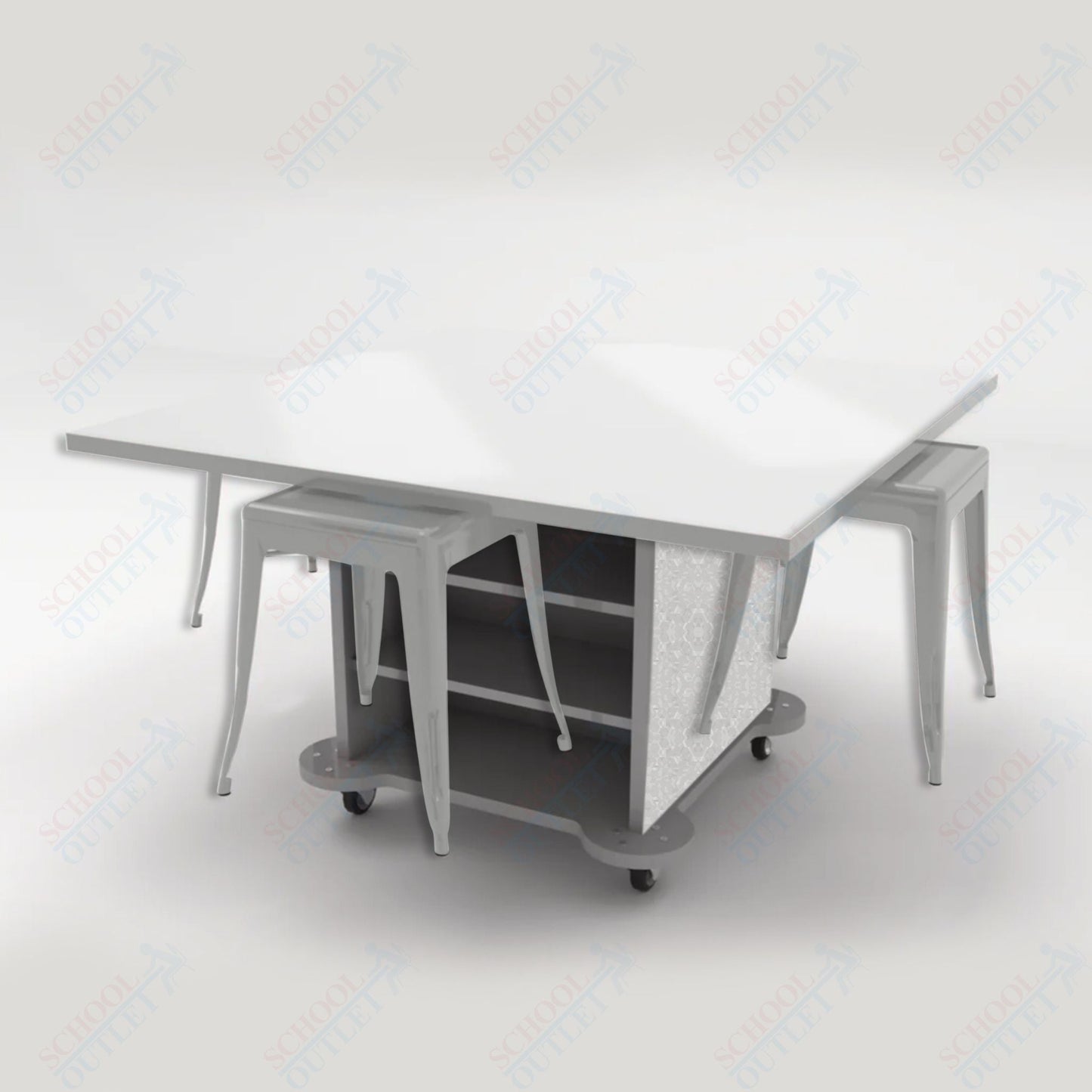 CEF Creation Cube Double - Sided Storage Table - 30"H, White Dry Erase Square Top, High - Pressure Laminate Base and 4 Metal Stools Included - SchoolOutlet
