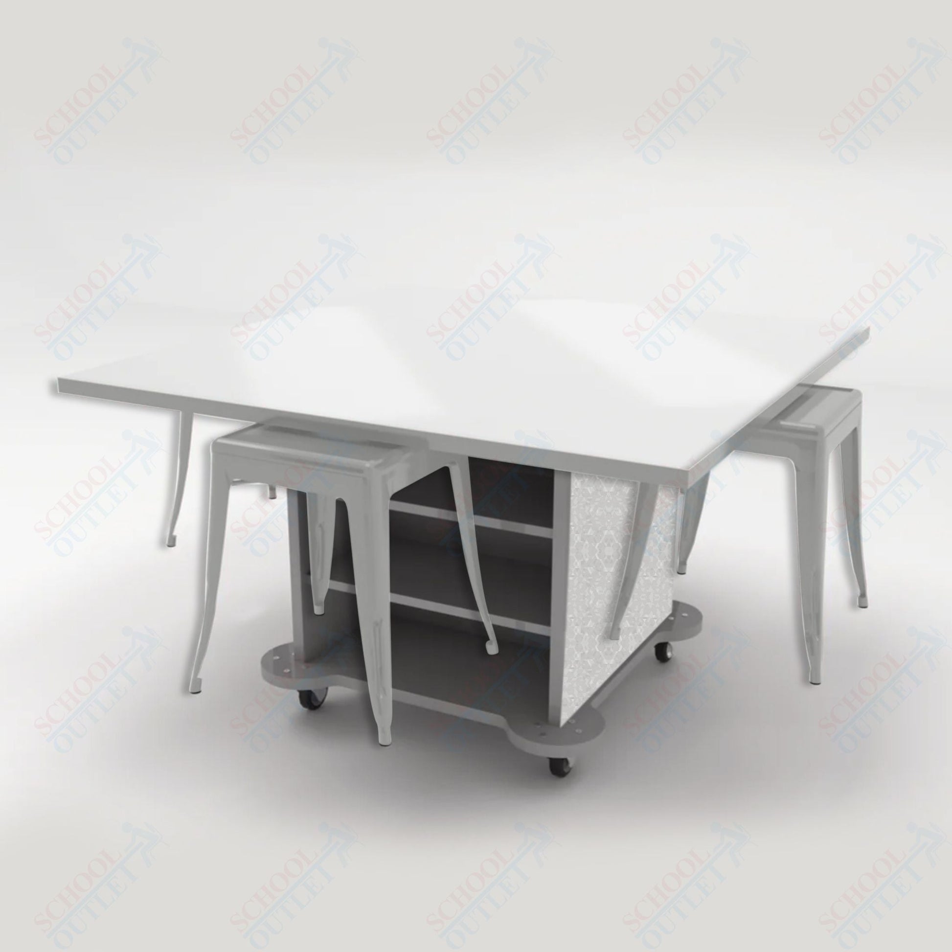 CEF Creation Cube Double - Sided Storage Table - 30"H, White Dry Erase Square Top, High - Pressure Laminate Base and 4 Metal Stools Included - SchoolOutlet