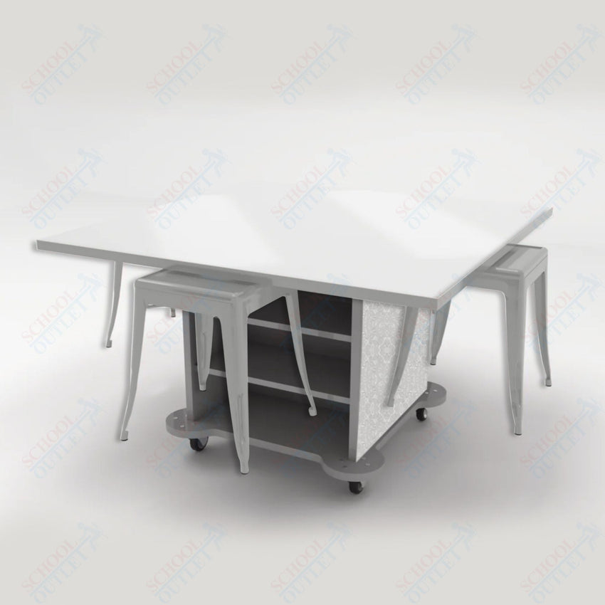 CEF Creation Cube Double - Sided Storage Table - 30"H, White Dry Erase Square Top, High - Pressure Laminate Base and 4 Metal Stools Included - SchoolOutlet