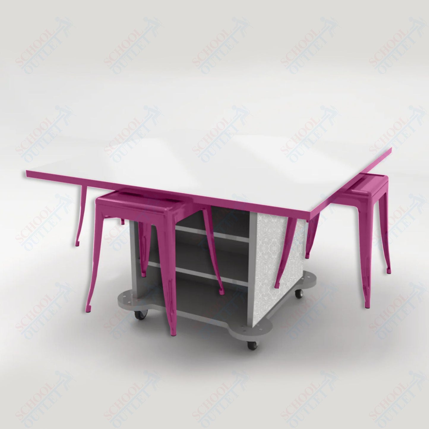 CEF Creation Cube Double - Sided Storage Table - 30"H, White Dry Erase Square Top, High - Pressure Laminate Base and 4 Metal Stools Included - SchoolOutlet