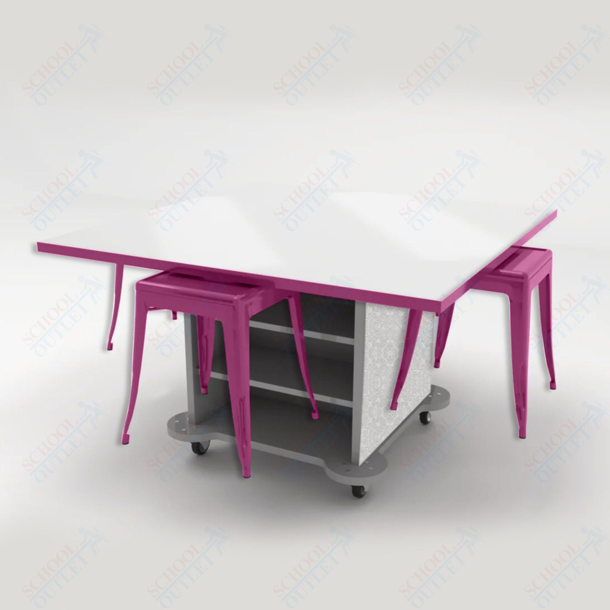 CEF Creation Cube Double - Sided Storage Table - 30"H, White Dry Erase Square Top, High - Pressure Laminate Base and 4 Metal Stools Included - SchoolOutlet