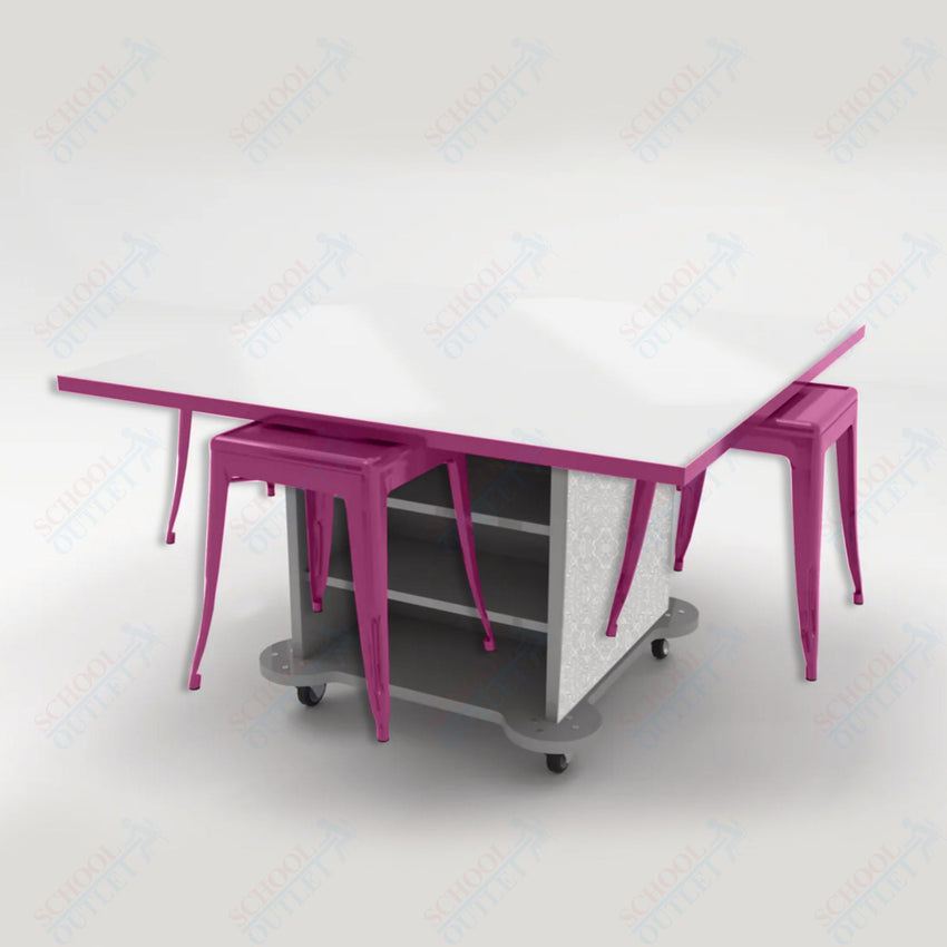 CEF Creation Cube Double - Sided Storage Table - 30"H, White Dry Erase Square Top, High - Pressure Laminate Base and 4 Metal Stools Included - SchoolOutlet