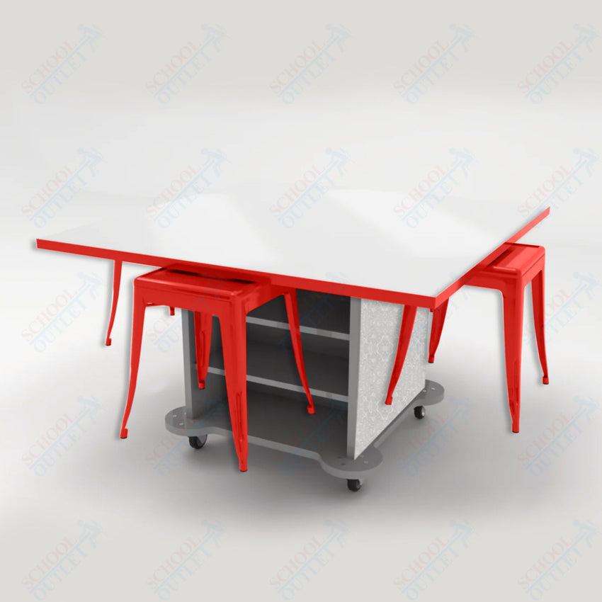 CEF Creation Cube Double - Sided Storage Table - 30"H, White Dry Erase Square Top, High - Pressure Laminate Base and 4 Metal Stools Included - SchoolOutlet