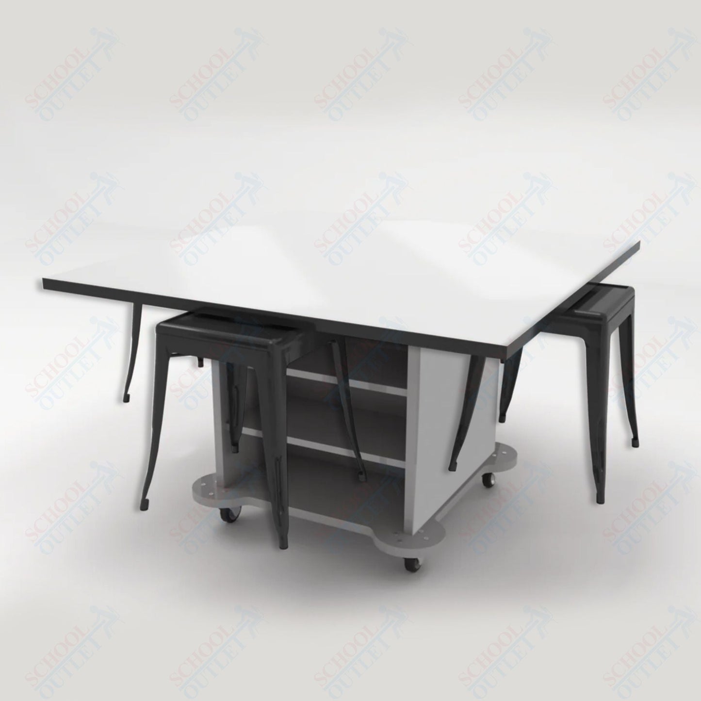 CEF Creation Cube Double - Sided Storage Table - 30"H, White Dry Erase Square Top, High - Pressure Laminate Base and 4 Metal Stools Included - SchoolOutlet