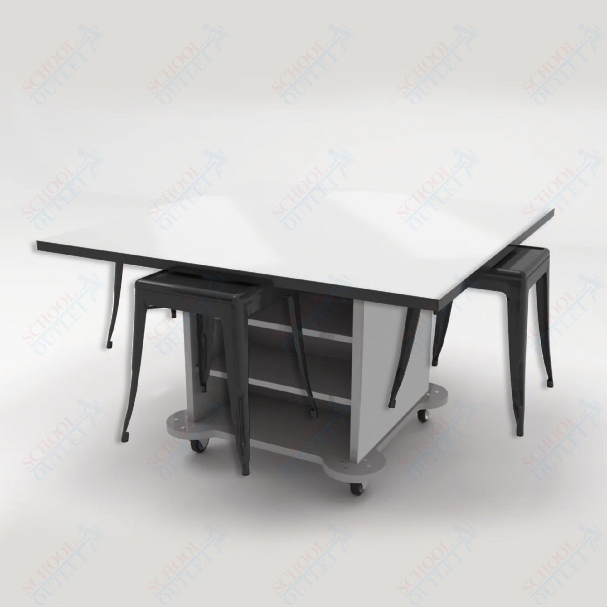 CEF Creation Cube Double - Sided Storage Table - 30"H, White Dry Erase Square Top, High - Pressure Laminate Base and 4 Metal Stools Included - SchoolOutlet