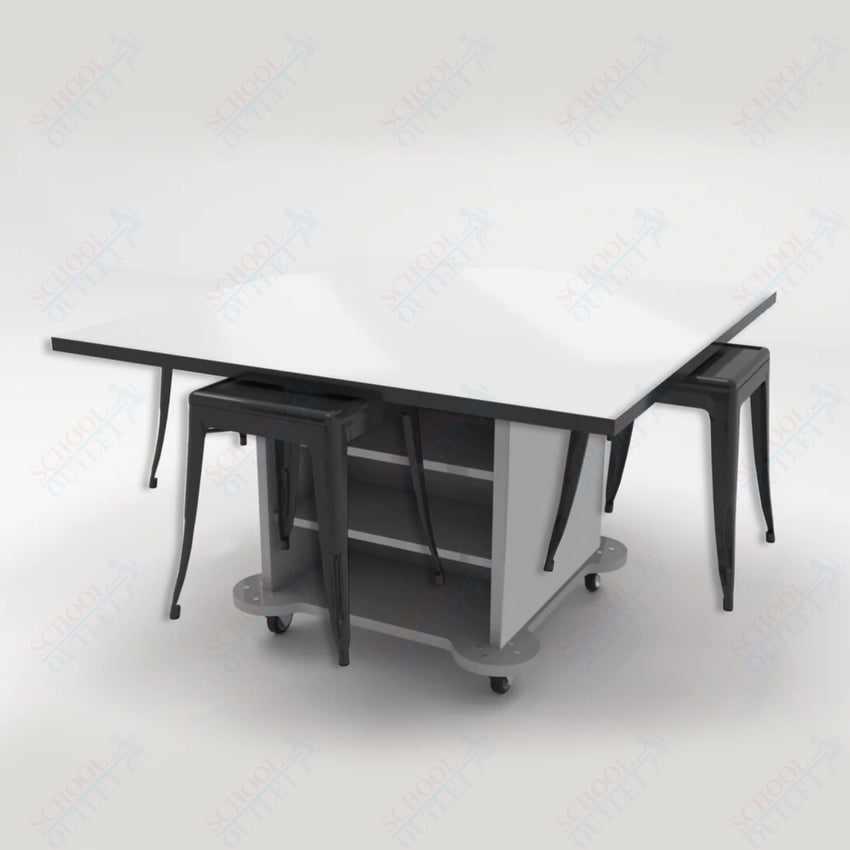 CEF Creation Cube Double - Sided Storage Table - 30"H, White Dry Erase Square Top, High - Pressure Laminate Base and 4 Metal Stools Included - SchoolOutlet