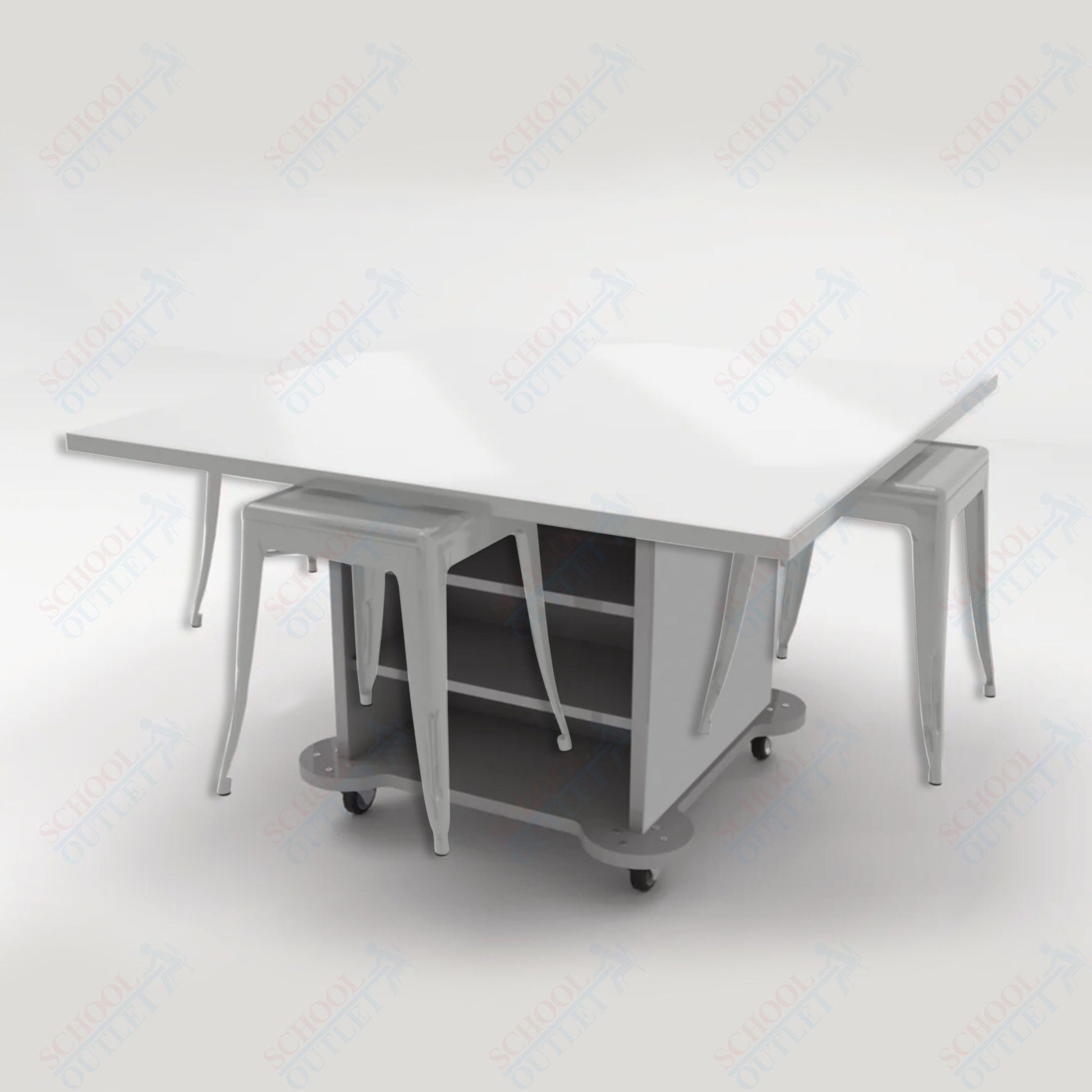 CEF Creation Cube Double - Sided Storage Table - 30"H, White Dry Erase Square Top, High - Pressure Laminate Base and 4 Metal Stools Included - SchoolOutlet