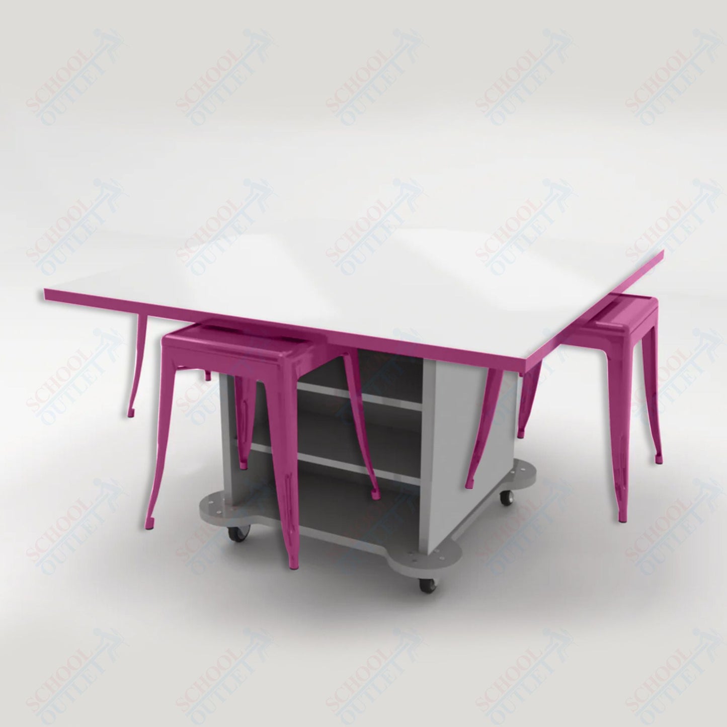 CEF Creation Cube Double - Sided Storage Table - 30"H, White Dry Erase Square Top, High - Pressure Laminate Base and 4 Metal Stools Included - SchoolOutlet
