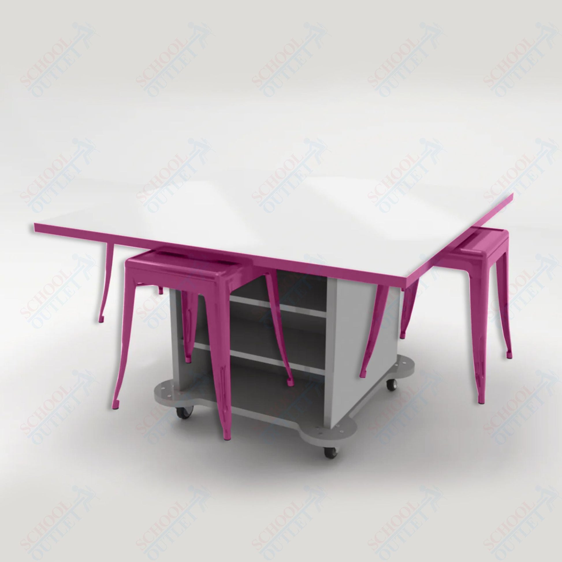 CEF Creation Cube Double - Sided Storage Table - 30"H, White Dry Erase Square Top, High - Pressure Laminate Base and 4 Metal Stools Included - SchoolOutlet