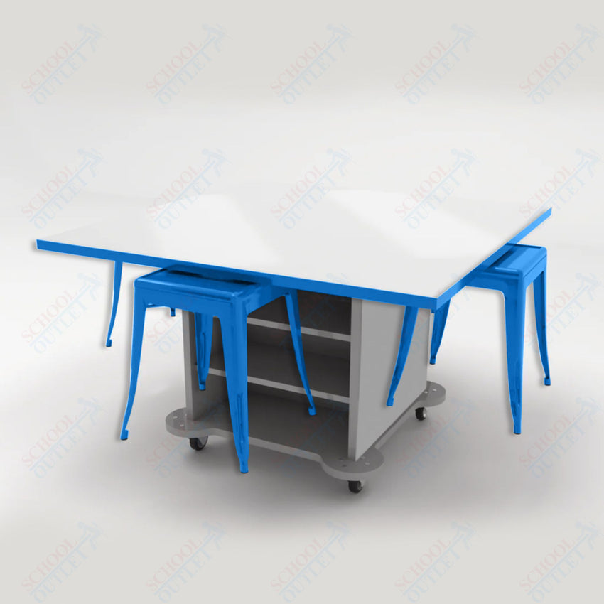 CEF Creation Cube Double - Sided Storage Table - 30"H, White Dry Erase Square Top, High - Pressure Laminate Base and 4 Metal Stools Included - SchoolOutlet