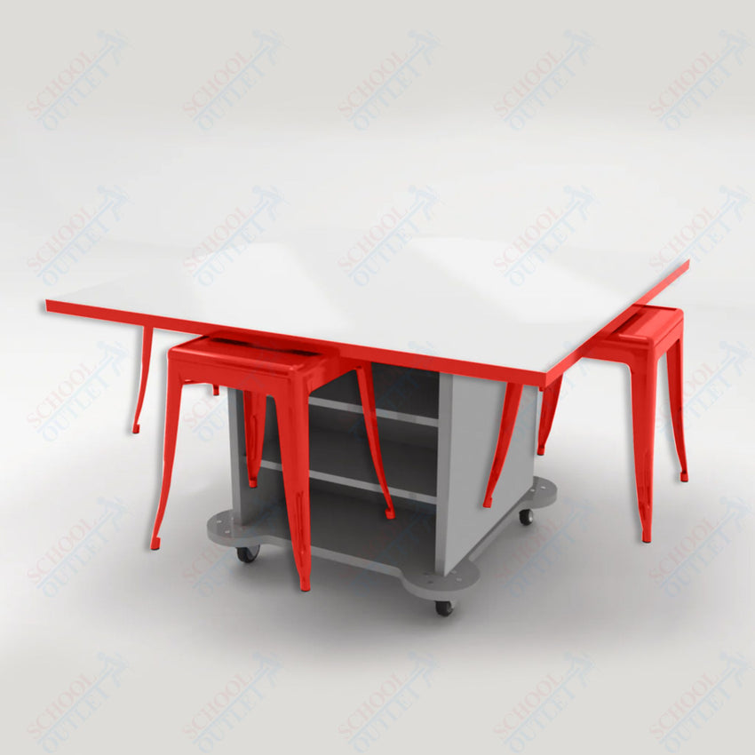 CEF Creation Cube Double - Sided Storage Table - 30"H, White Dry Erase Square Top, High - Pressure Laminate Base and 4 Metal Stools Included - SchoolOutlet