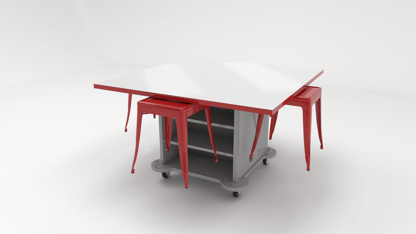 CEF Creation Cube Double-Sided Storage Table - 30"H, White Dry Erase Square Top, High-Pressure Laminate Base and 4 Metal Stools Included - SchoolOutlet