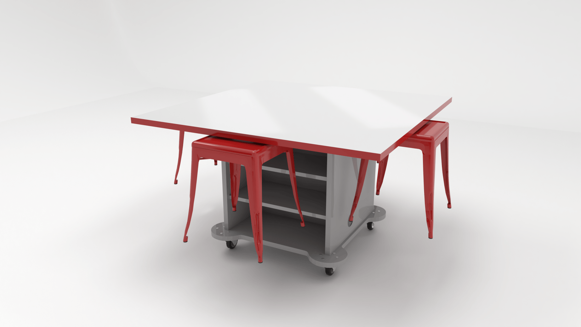 CEF Creation Cube Double-Sided Storage Table - 30"H, White Dry Erase Square Top, High-Pressure Laminate Base and 4 Metal Stools Included - SchoolOutlet