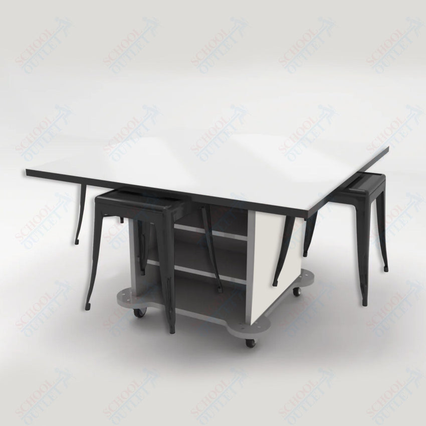 CEF Creation Cube Double - Sided Storage Table - 30"H, White Dry Erase Square Top, High - Pressure Laminate Base and 4 Metal Stools Included - SchoolOutlet