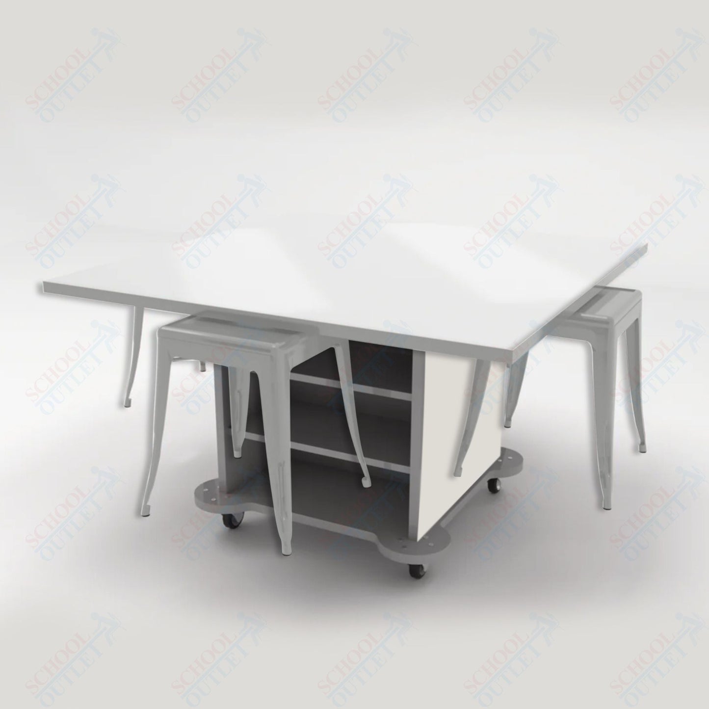 CEF Creation Cube Double - Sided Storage Table - 30"H, White Dry Erase Square Top, High - Pressure Laminate Base and 4 Metal Stools Included - SchoolOutlet