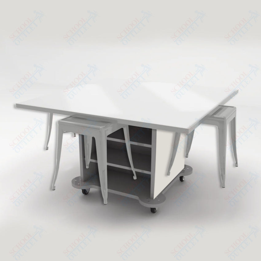 CEF Creation Cube Double - Sided Storage Table - 30"H, White Dry Erase Square Top, High - Pressure Laminate Base and 4 Metal Stools Included - SchoolOutlet