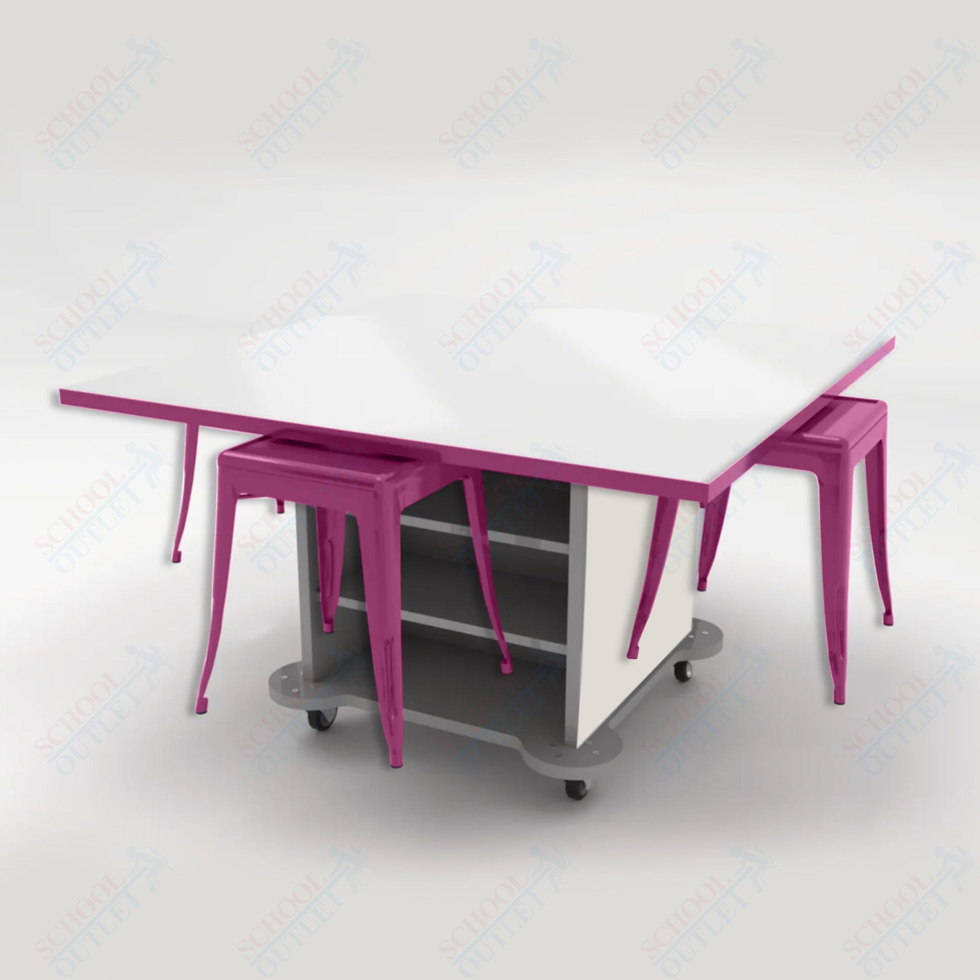 CEF Creation Cube Double - Sided Storage Table - 30"H, White Dry Erase Square Top, High - Pressure Laminate Base and 4 Metal Stools Included - SchoolOutlet