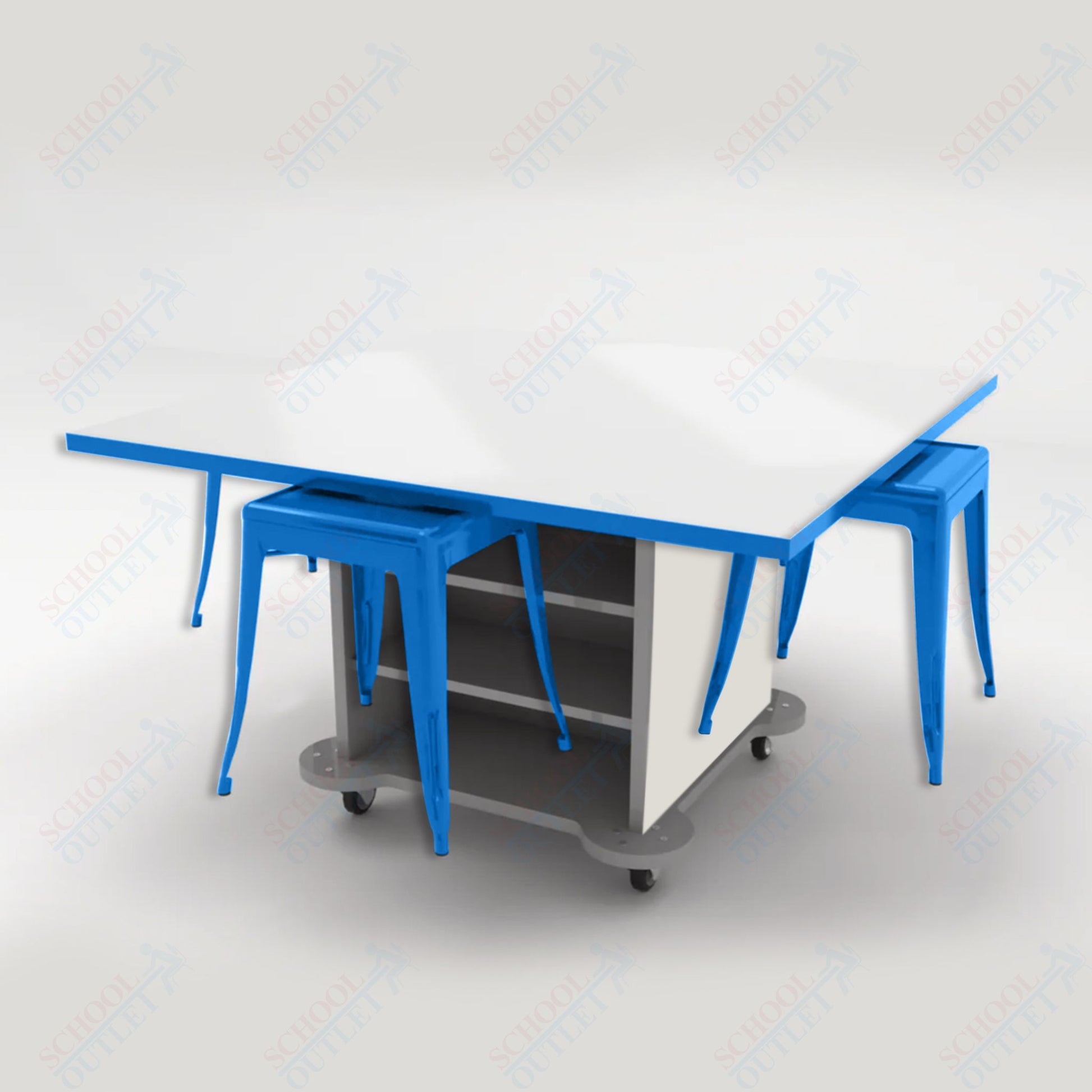 CEF Creation Cube Double - Sided Storage Table - 30"H, White Dry Erase Square Top, High - Pressure Laminate Base and 4 Metal Stools Included - SchoolOutlet