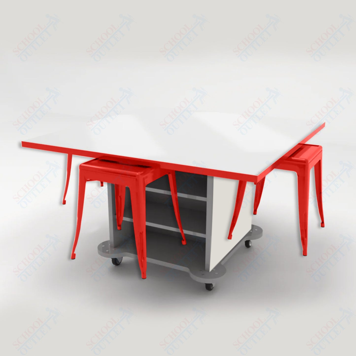 CEF Creation Cube Double - Sided Storage Table - 30"H, White Dry Erase Square Top, High - Pressure Laminate Base and 4 Metal Stools Included - SchoolOutlet