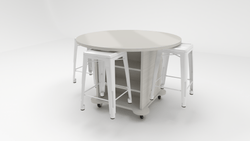 CEF Creation Cube Double-Sided Storage Table - 34"H, High-Pressure Laminate Base and Round Top - 4 Metal Stools Included