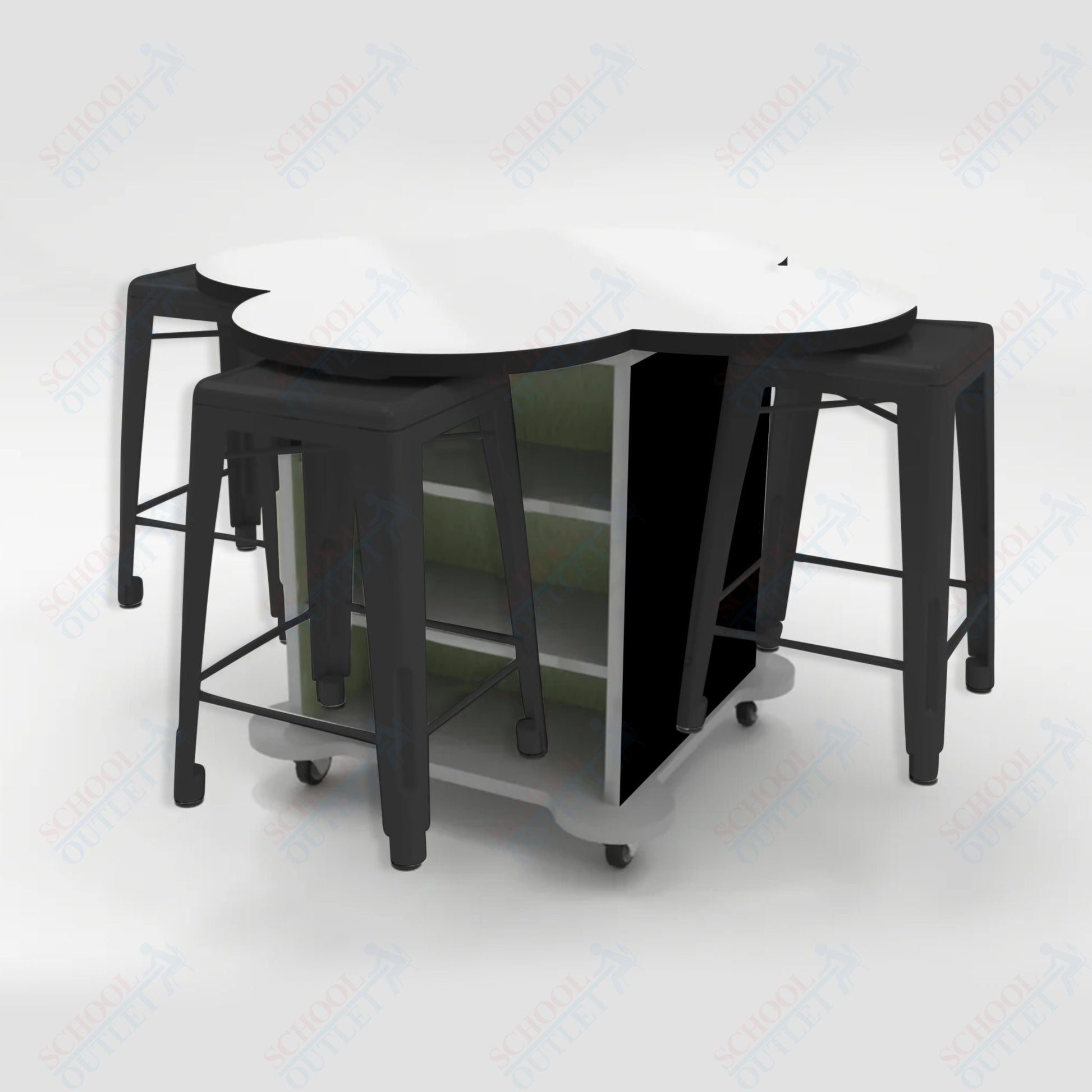 CEF Creation Cube Double - Sided Storage Table - 34"H, White Dry Erase Clover Top, High - Pressure Laminate Base and 4 Metal Stools Included - SchoolOutlet