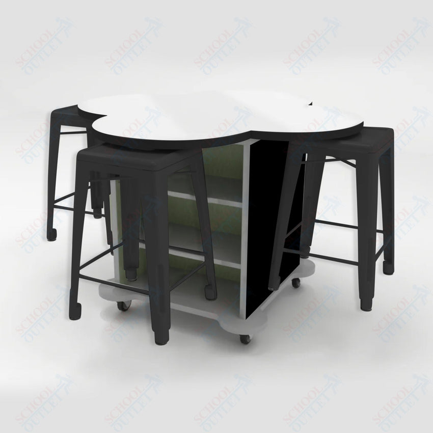 CEF Creation Cube Double - Sided Storage Table - 34"H, White Dry Erase Clover Top, High - Pressure Laminate Base and 4 Metal Stools Included - SchoolOutlet