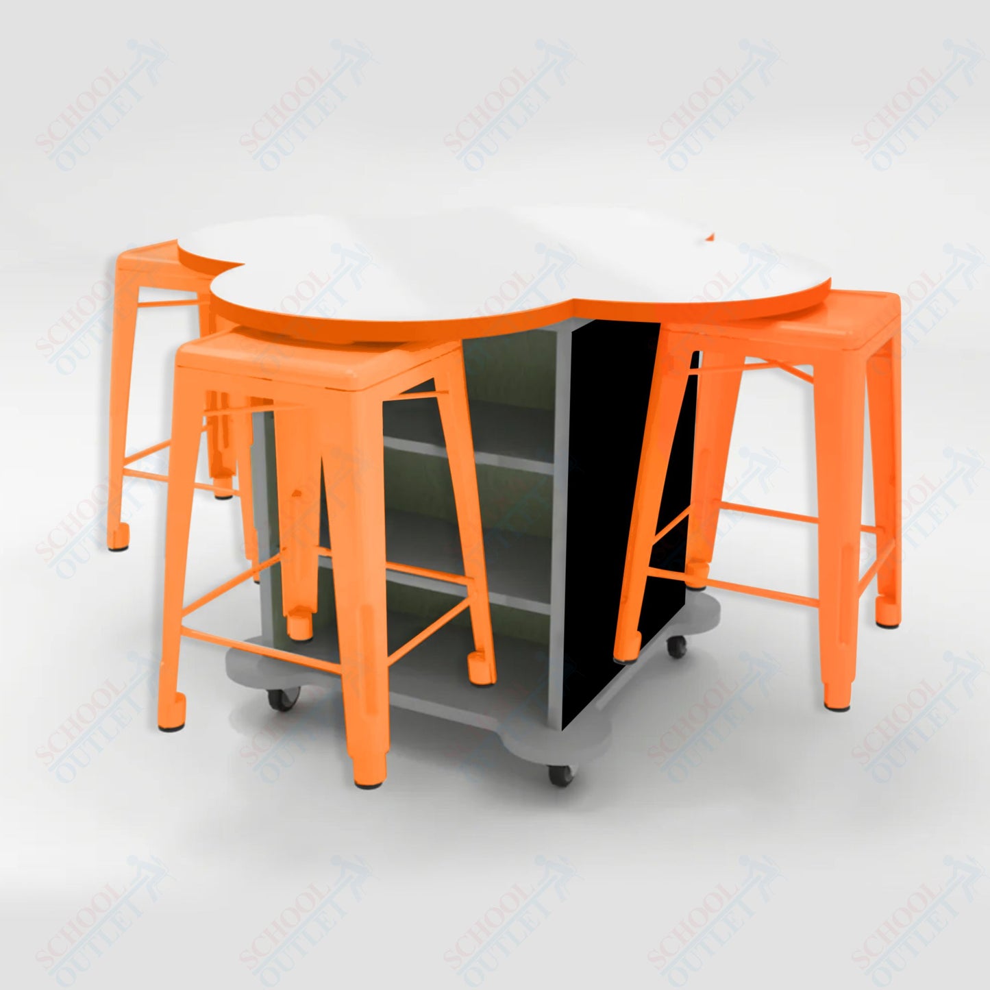 CEF Creation Cube Double - Sided Storage Table - 34"H, White Dry Erase Clover Top, High - Pressure Laminate Base and 4 Metal Stools Included - SchoolOutlet