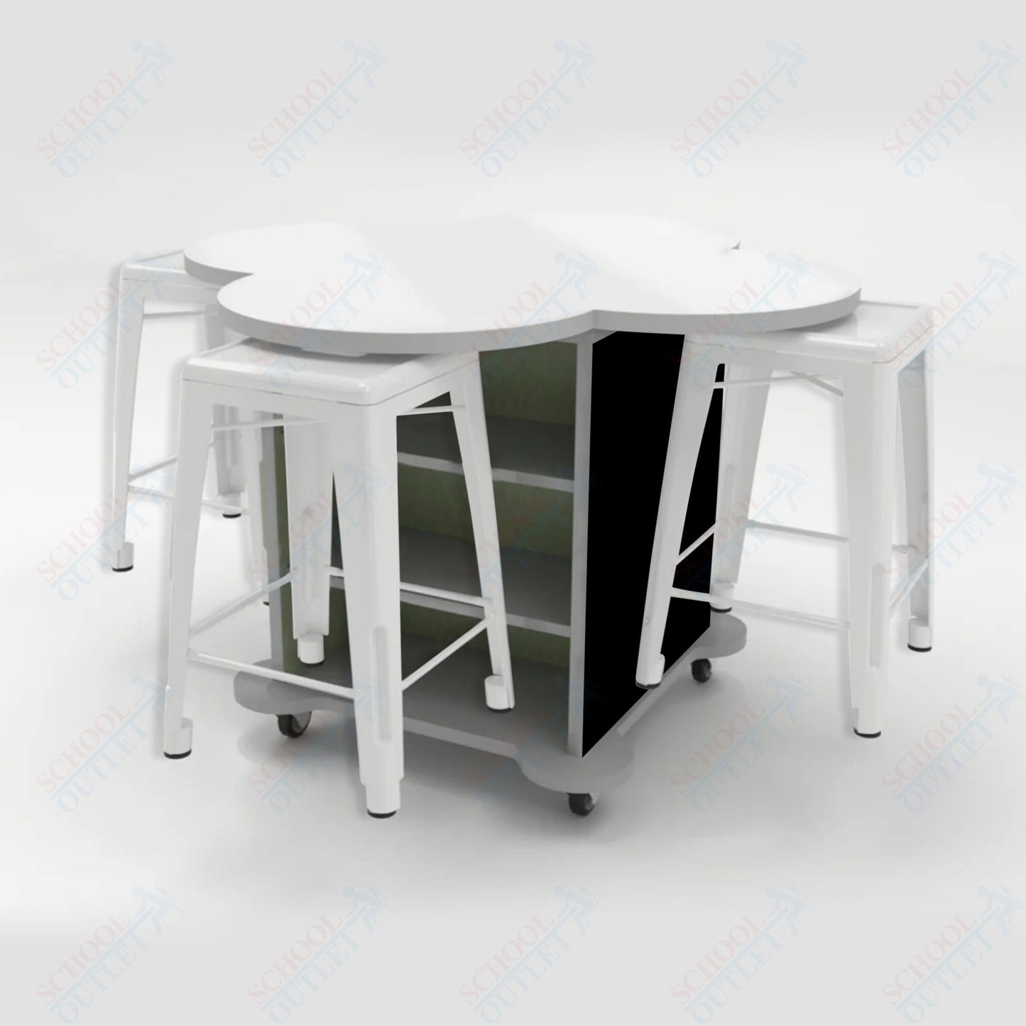 CEF Creation Cube Double - Sided Storage Table - 34"H, White Dry Erase Clover Top, High - Pressure Laminate Base and 4 Metal Stools Included - SchoolOutlet