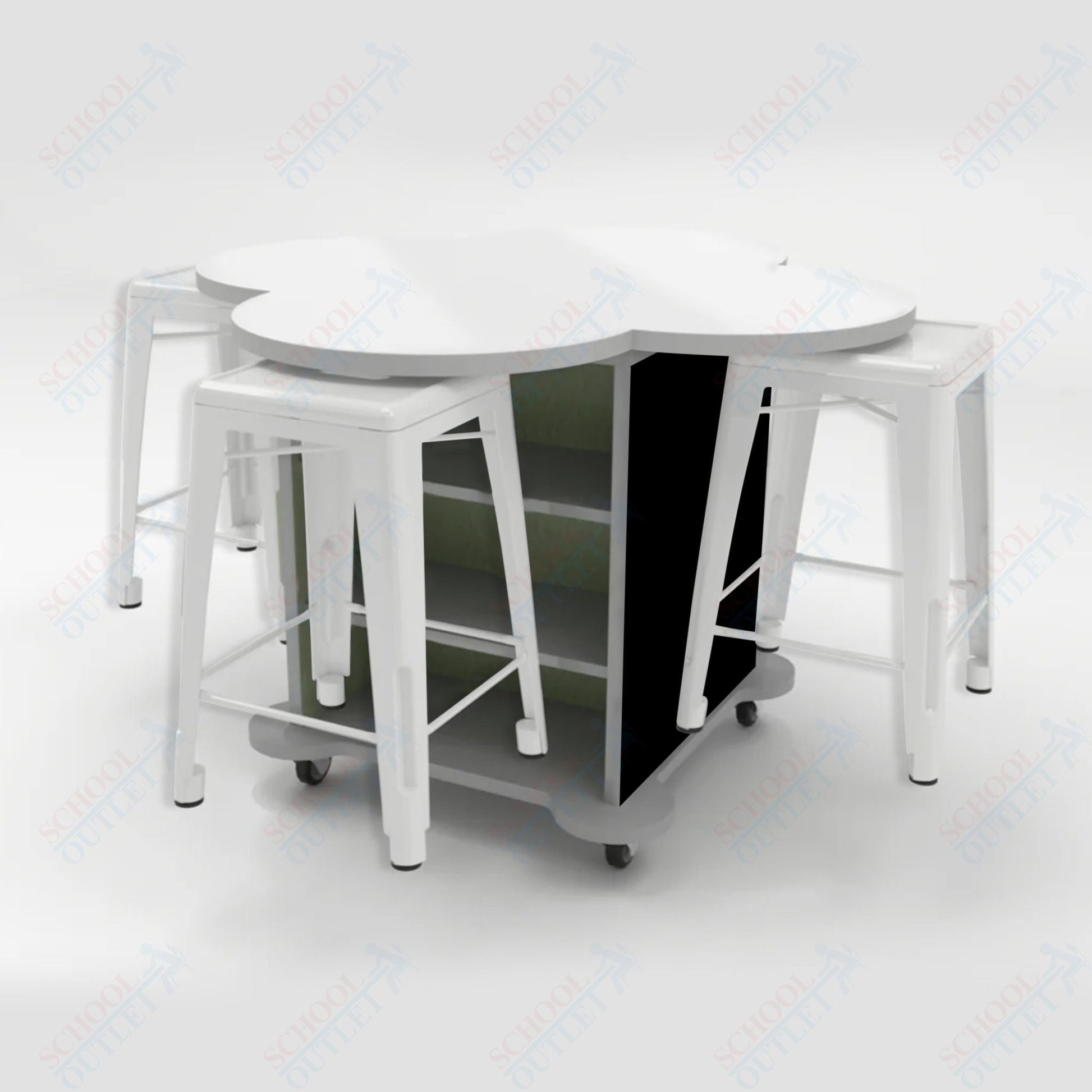 CEF Creation Cube Double - Sided Storage Table - 34"H, White Dry Erase Clover Top, High - Pressure Laminate Base and 4 Metal Stools Included - SchoolOutlet