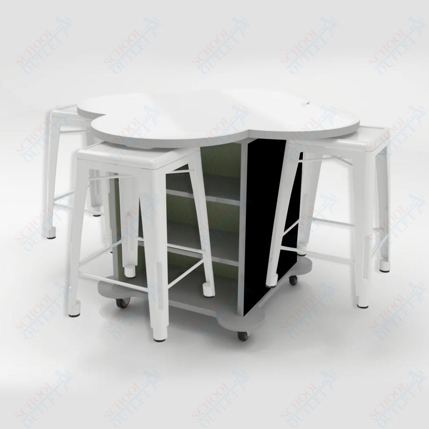 CEF Creation Cube Double - Sided Storage Table - 34"H, White Dry Erase Clover Top, High - Pressure Laminate Base and 4 Metal Stools Included - SchoolOutlet