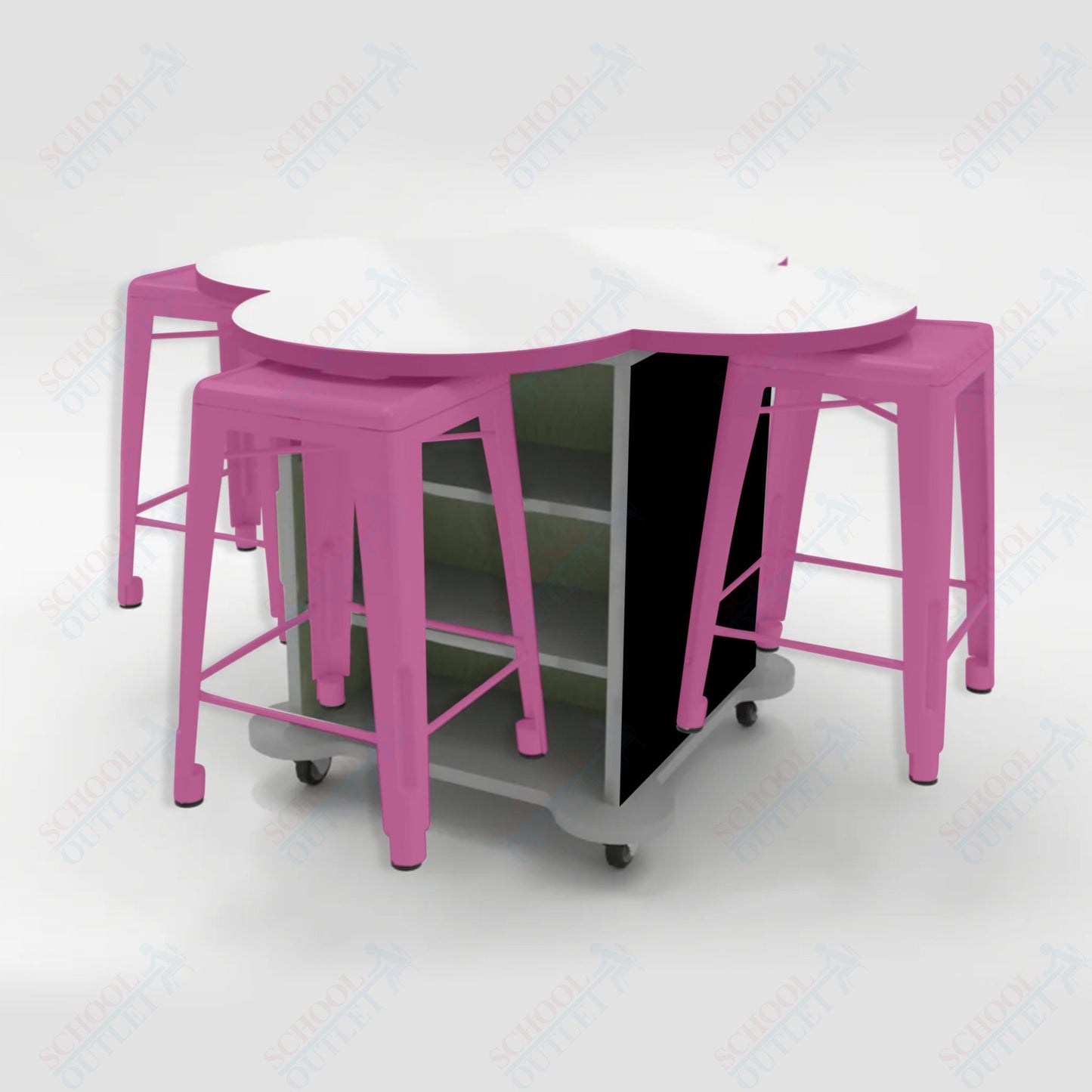 CEF Creation Cube Double - Sided Storage Table - 34"H, White Dry Erase Clover Top, High - Pressure Laminate Base and 4 Metal Stools Included - SchoolOutlet