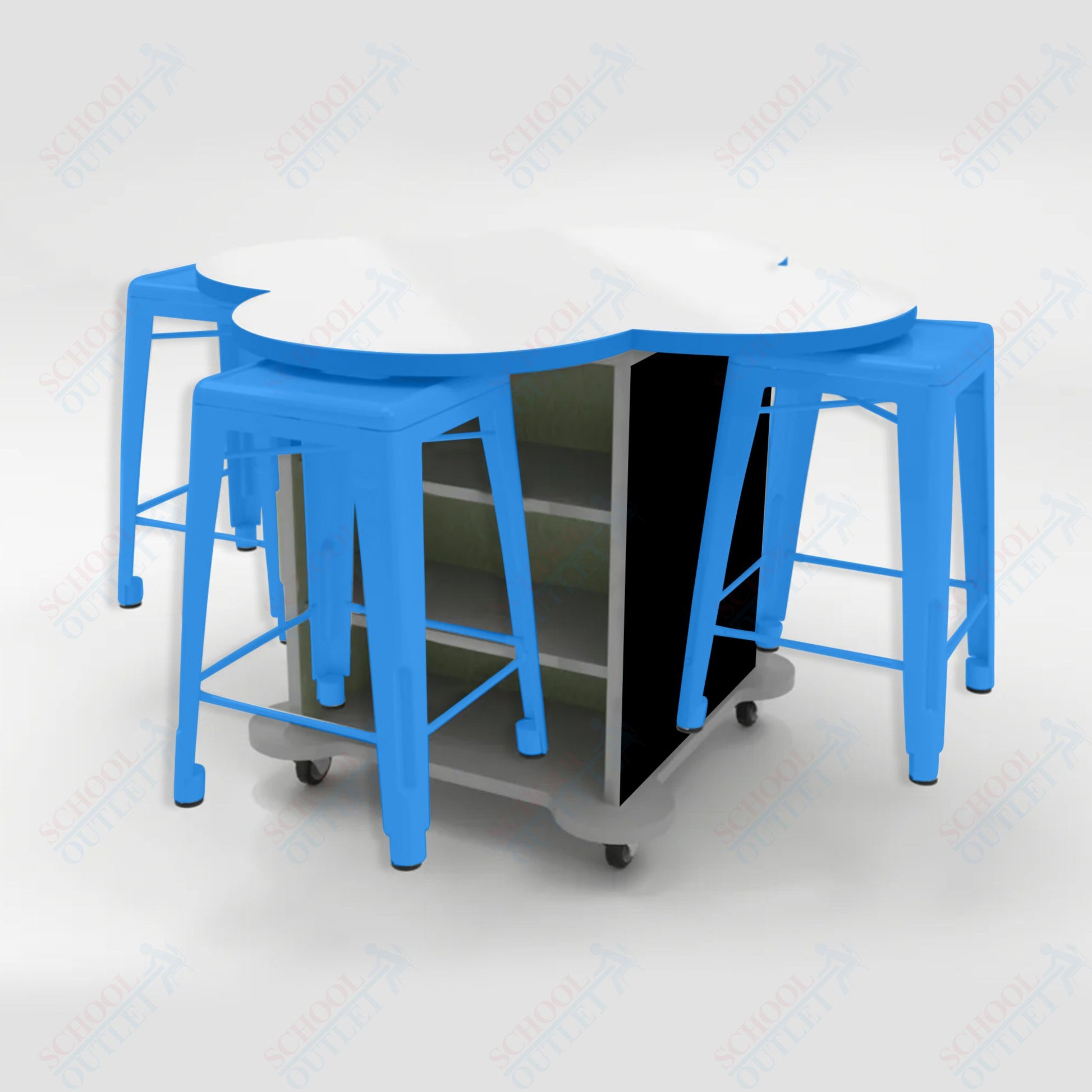 CEF Creation Cube Double - Sided Storage Table - 34"H, White Dry Erase Clover Top, High - Pressure Laminate Base and 4 Metal Stools Included - SchoolOutlet