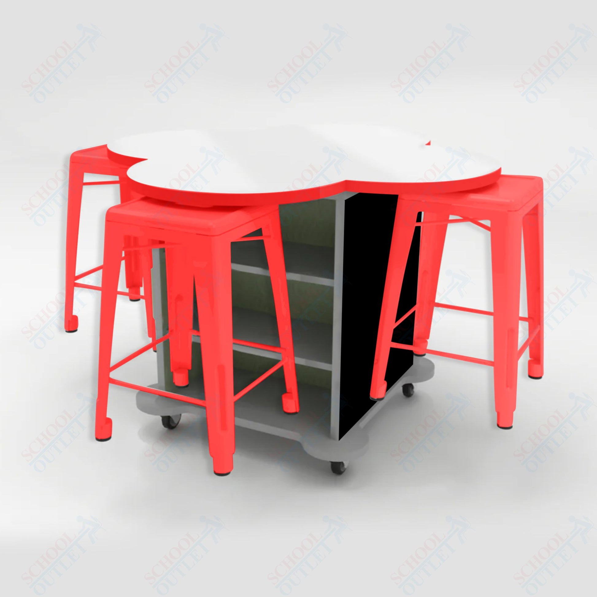 CEF Creation Cube Double - Sided Storage Table - 34"H, White Dry Erase Clover Top, High - Pressure Laminate Base and 4 Metal Stools Included - SchoolOutlet